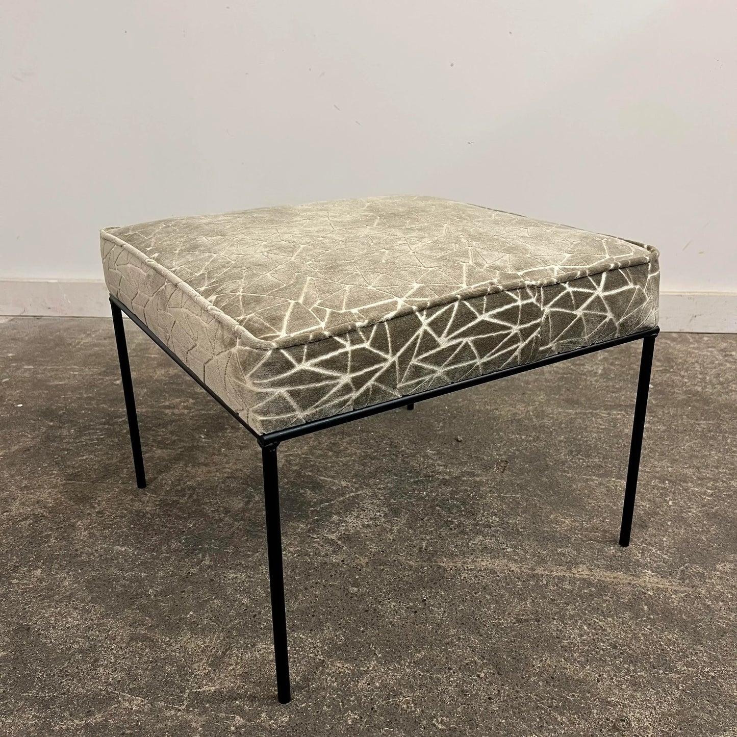 Paul McCobb Style Ottoman Stool Grey and White Cut Velvet