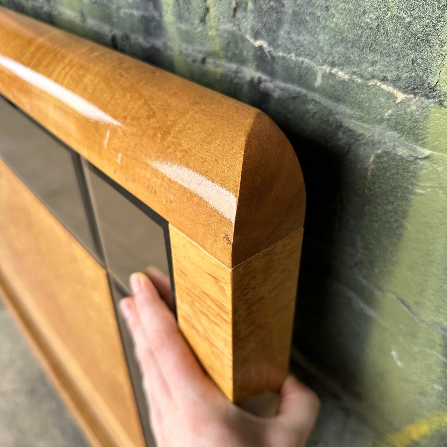 Romweber Mid-Century Mod Bird's-Eye Maple Smoke Glass Queen Headboard