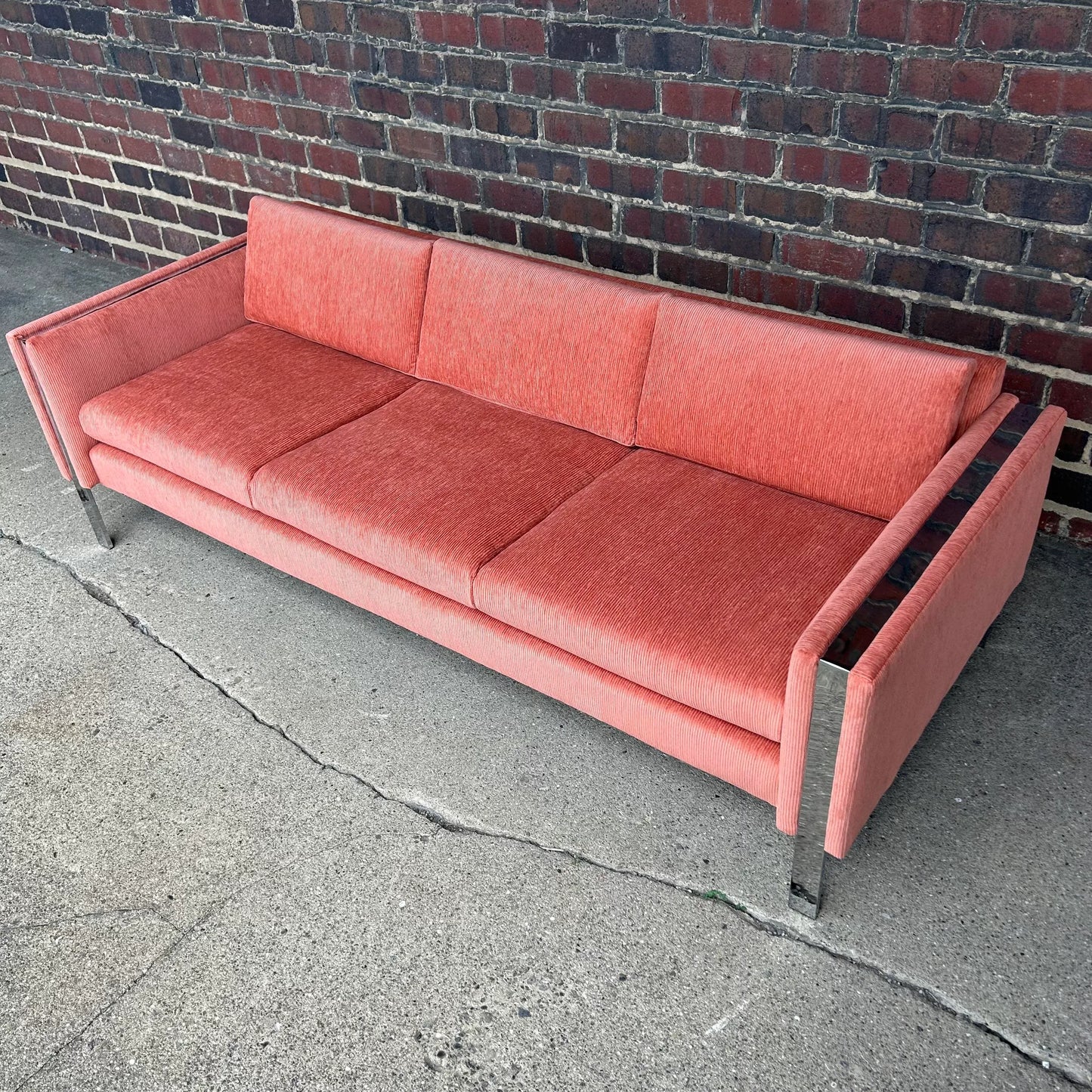 Reupholstered Milo Baughman Style Chrome Sofa in Crypton Salmon Corduroy