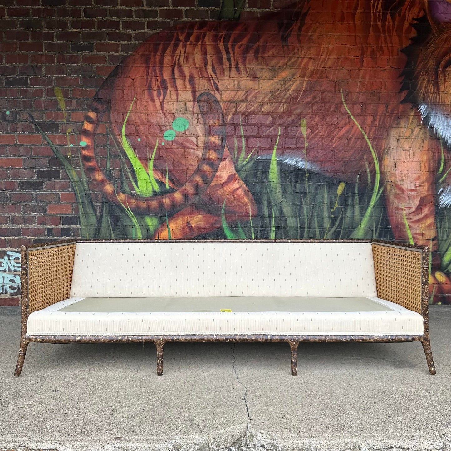 Vintage Faux Bamboo Sofa With Caned Arms in Style of Robsjohn Gibbings Mid-Century Modern