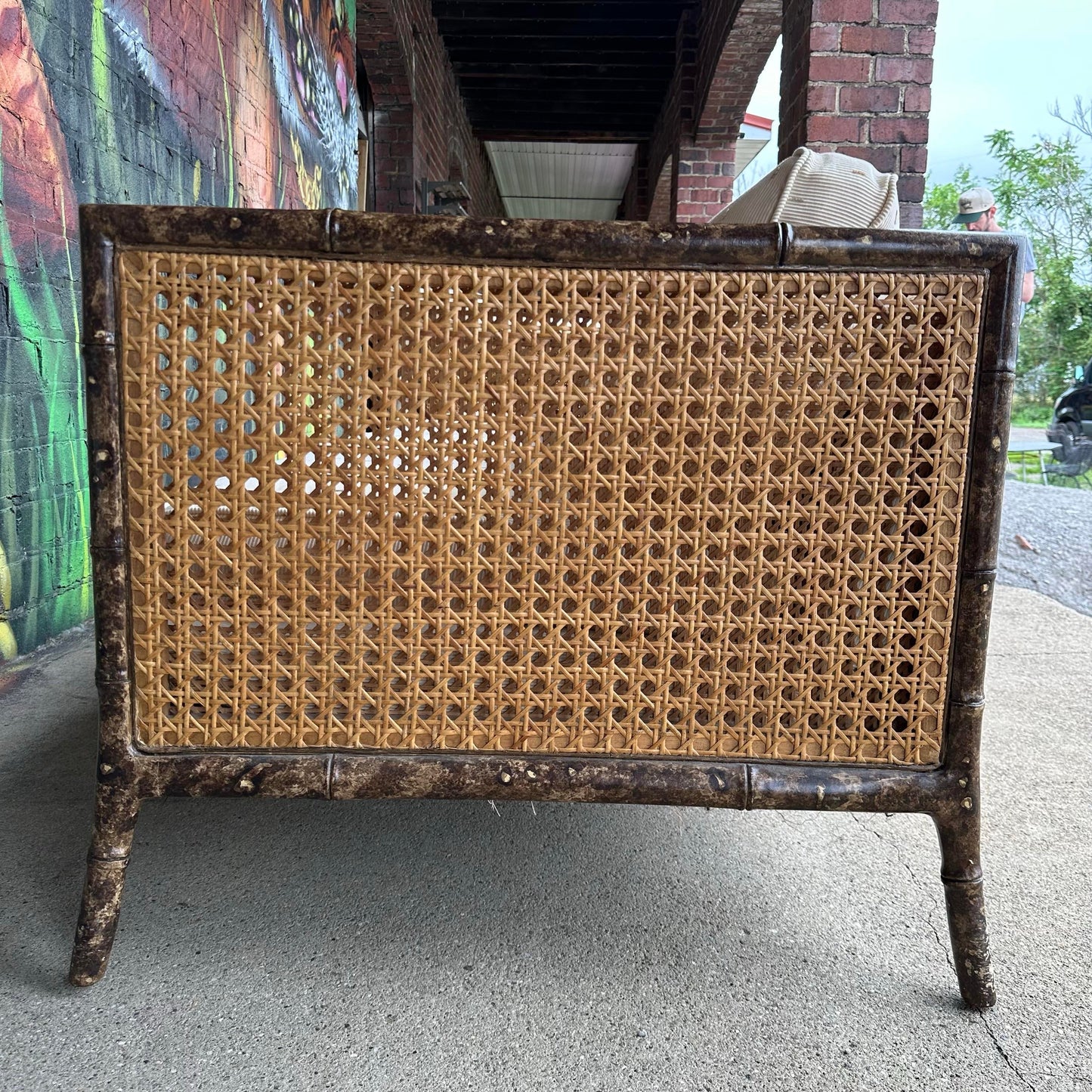 Vintage Faux Bamboo Sofa With Caned Arms in Style of Robsjohn Gibbings Mid-Century Modern