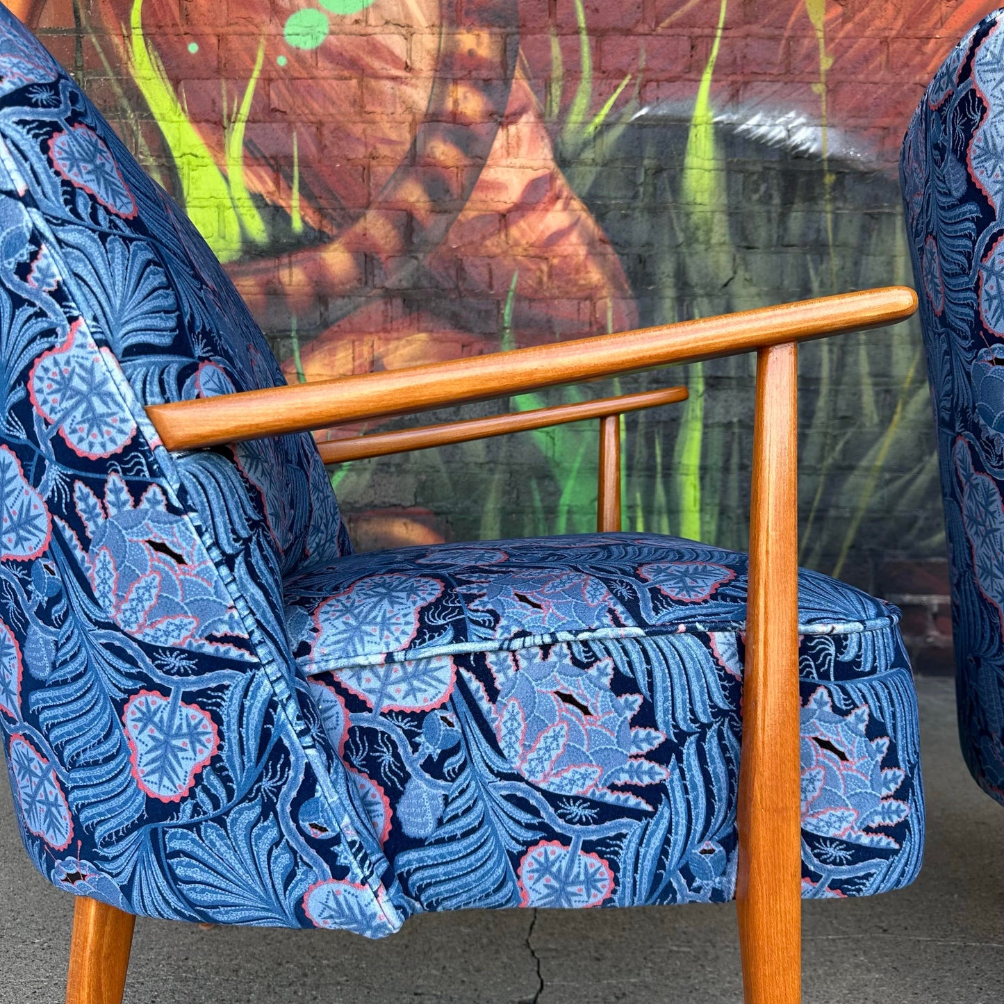 Pair of Mid Century Modern Klaus Haapaniemi & Co. Iceflower Blue Fabric Chairs
