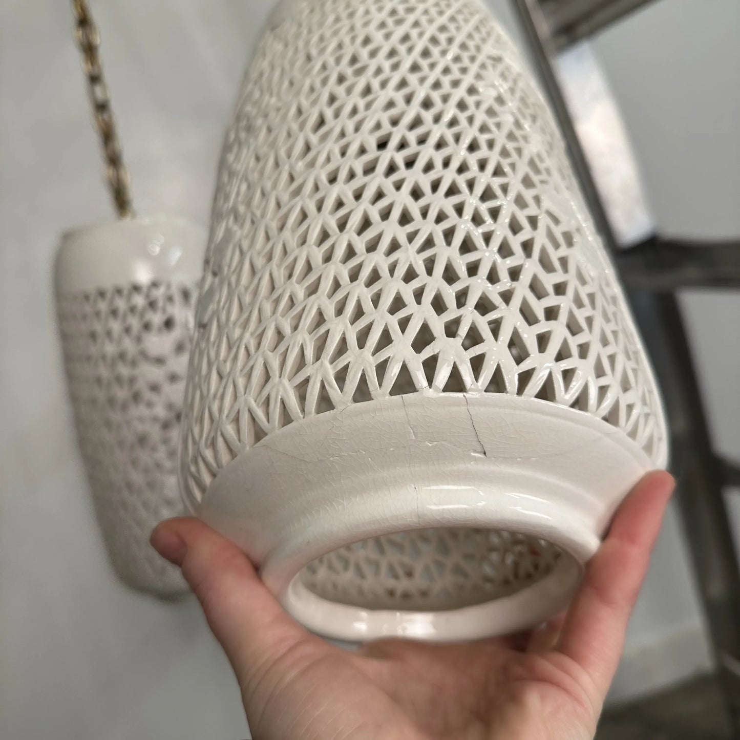 Triple-Pendant Reticulated Blanc De Chine Chandelier