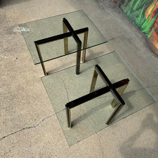 Pair of Glass and Brass and Smoked Chrome Solid Steel Side Tables
