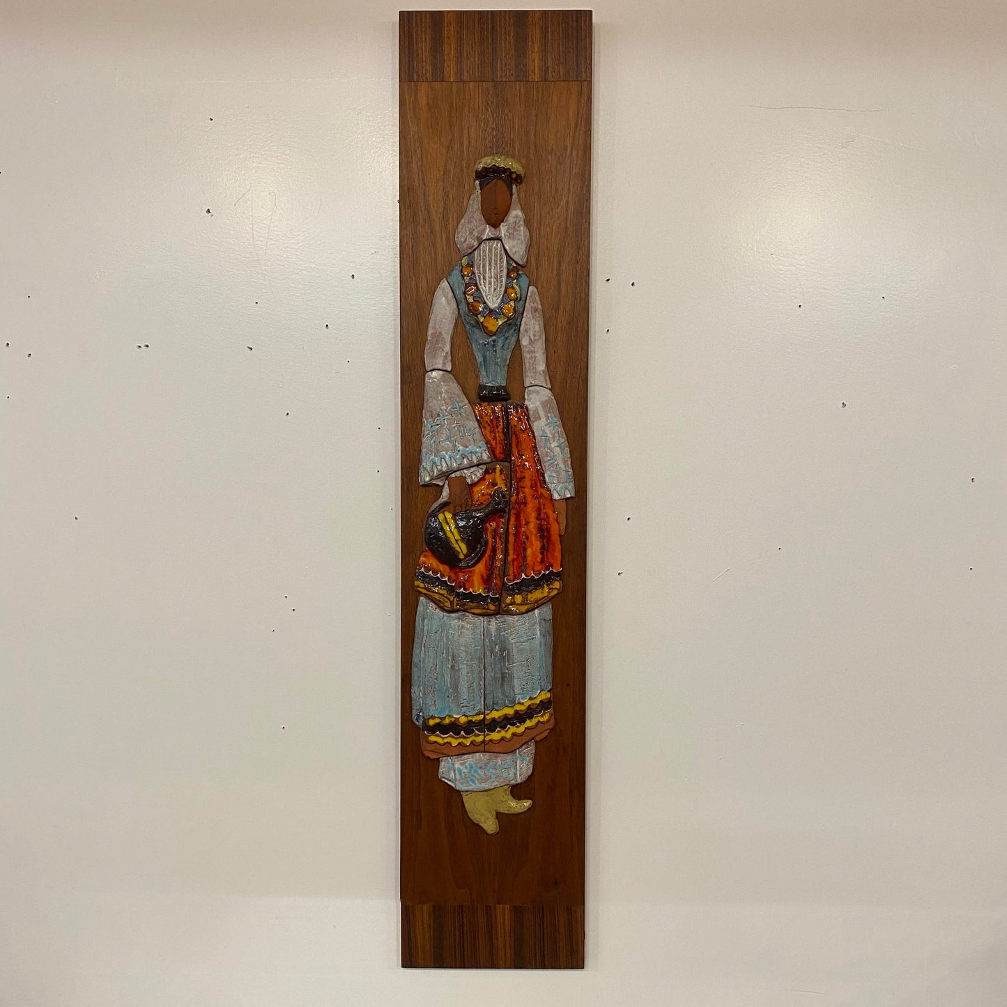 Vintage Ceramic Wall Art of Woman on Walnut and Rosewood Board Mid Century Style of Harris Strong