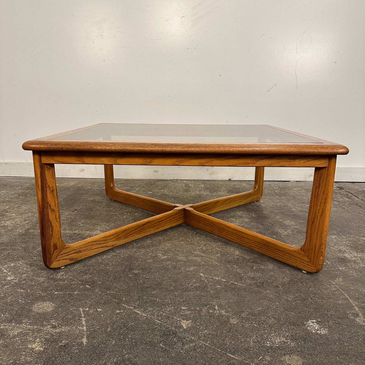Mid Century Modern Lane Perception Smoked Glass Top and Oak Coffee Table