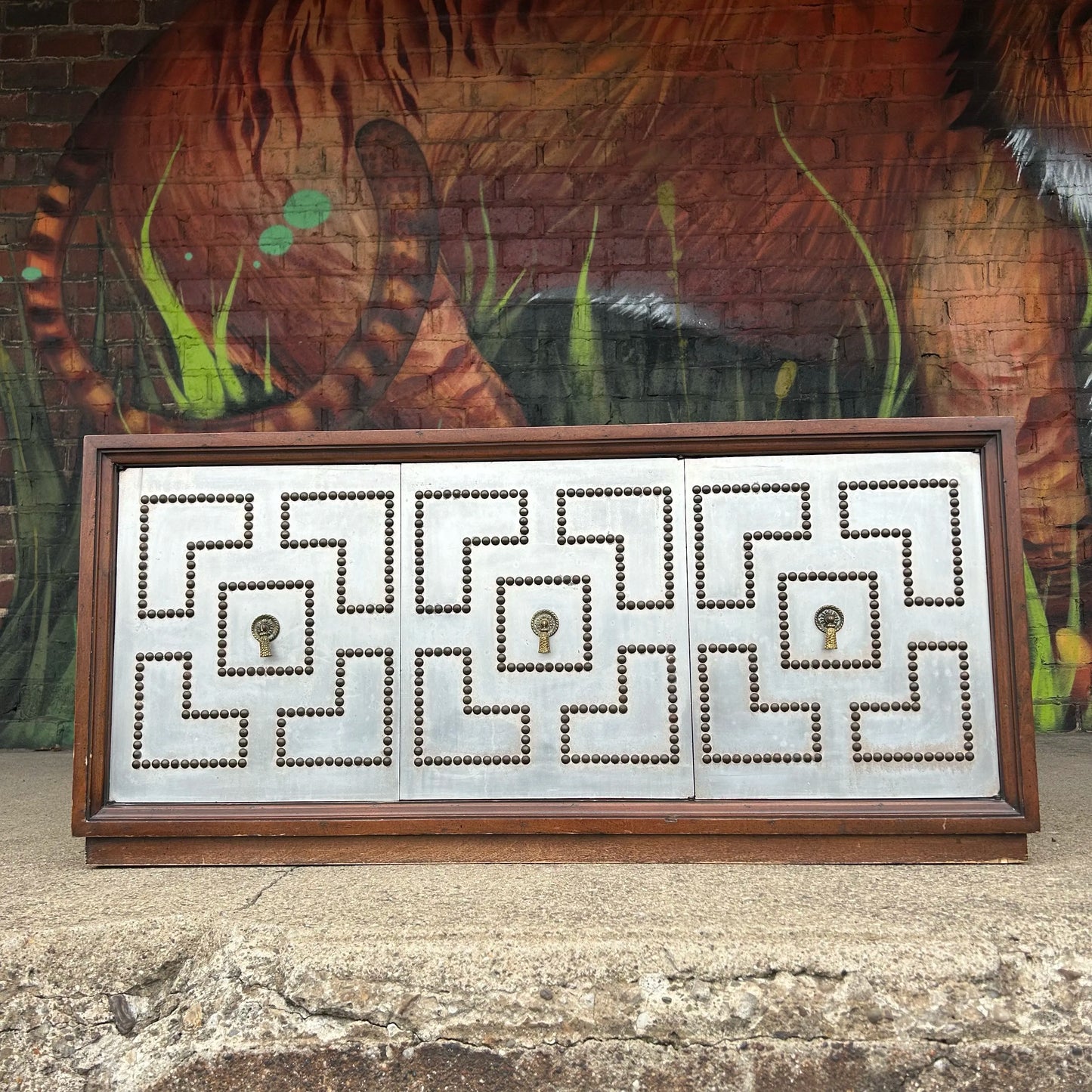 Petite Parzinger Style Hammered-Metal Fronted Cabinet