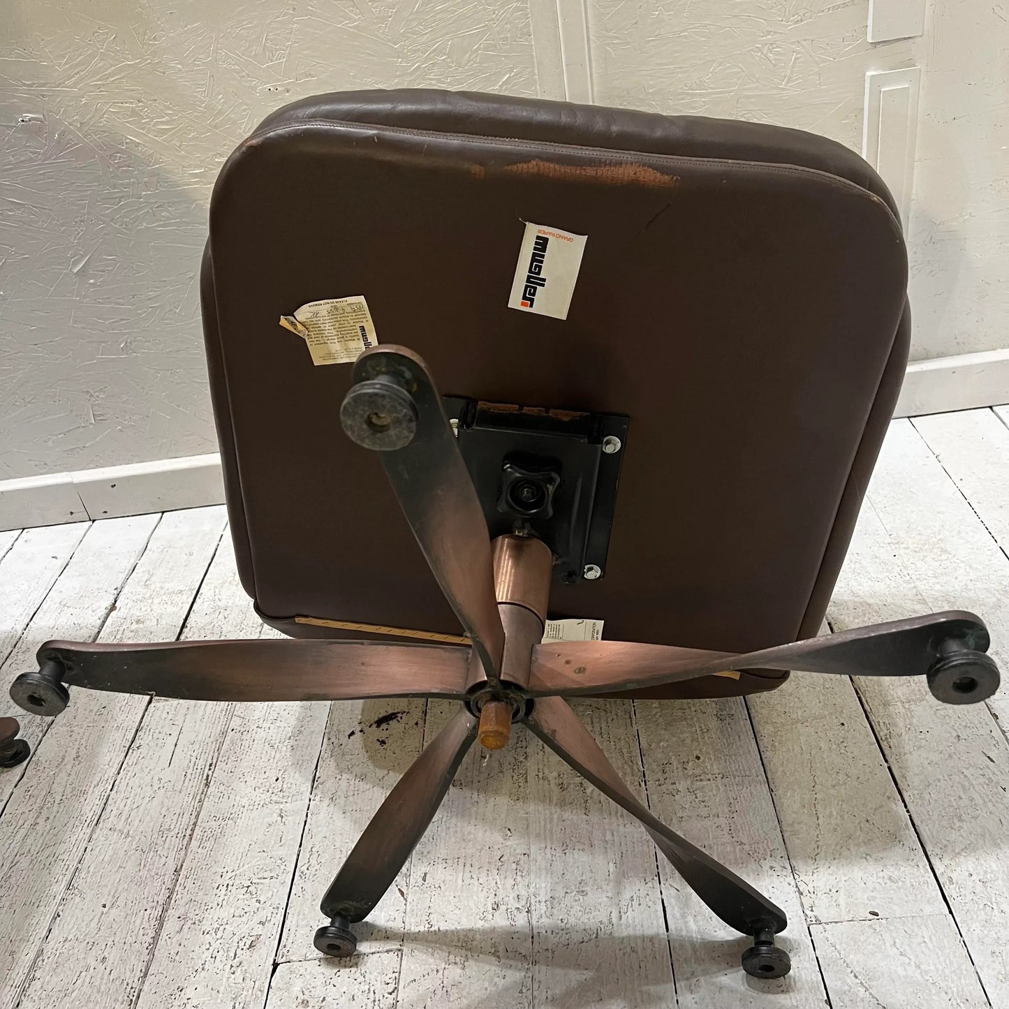 Brown Leather and Brass Propeller Base Arm Chairs by Mueller Furniture
