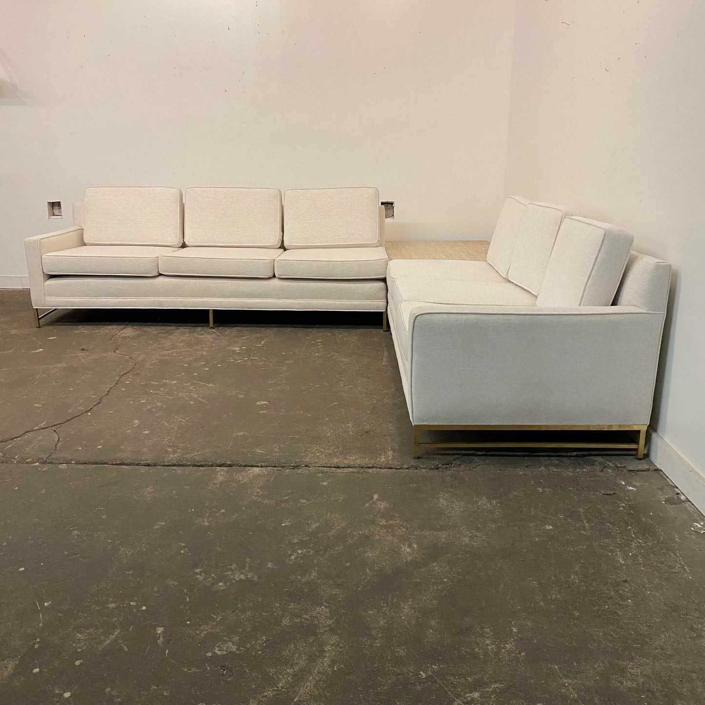 Reupholstered Mid Century Modern Paul McCobb Sectional Sofa with Travertine Top Side Table