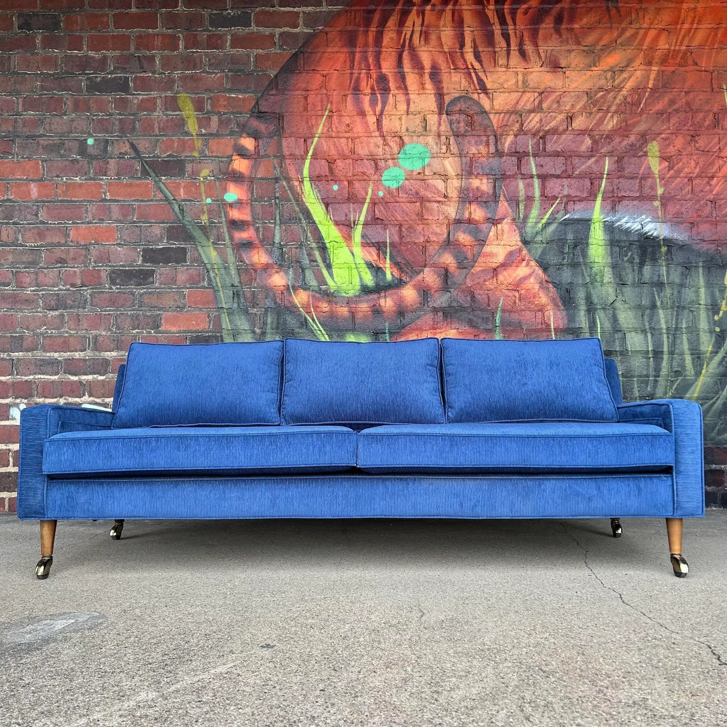 Mid Century Modern Sofa Reupholstered Blue Corduroy on Casters Possibly Selig