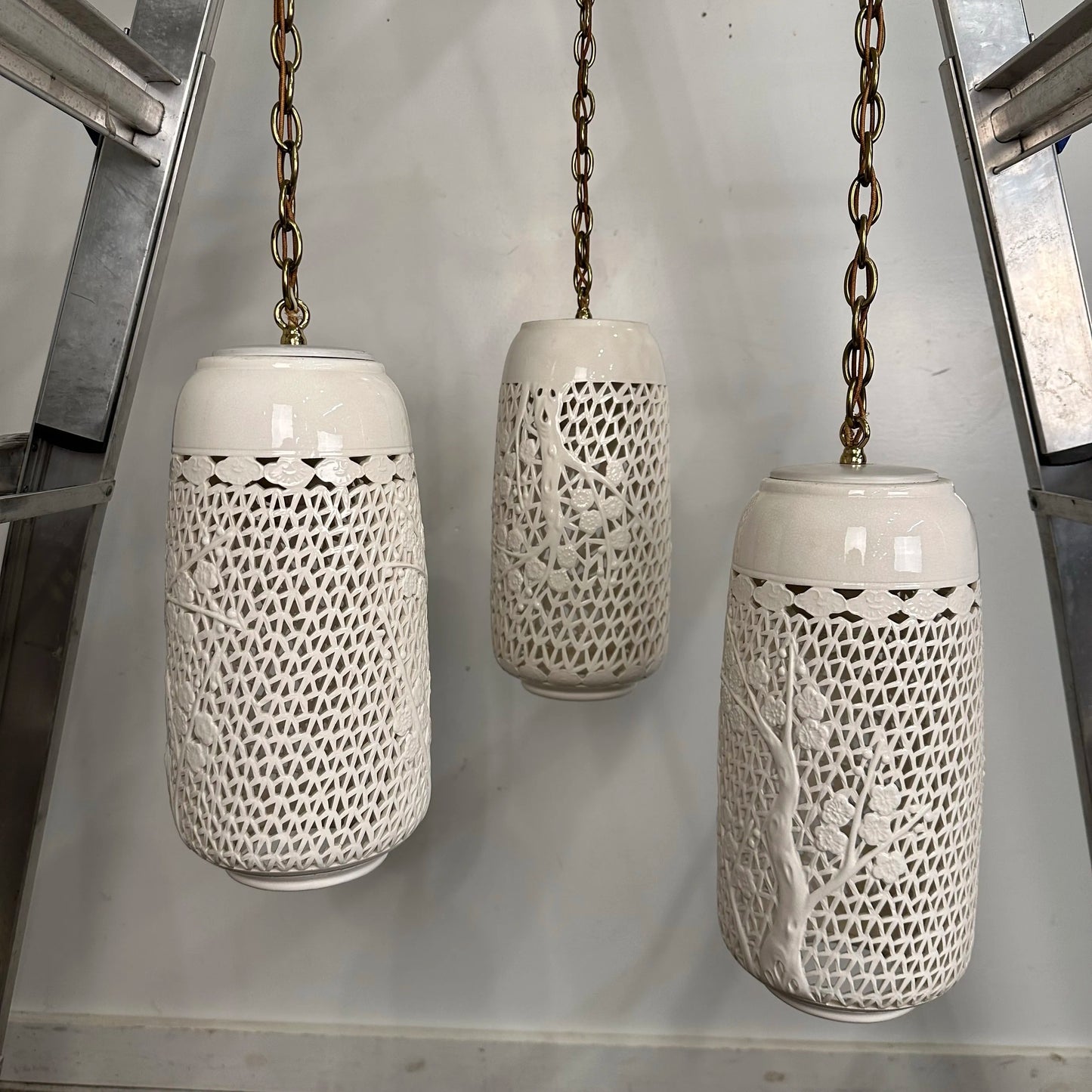 Triple-Pendant Reticulated Blanc De Chine Chandelier