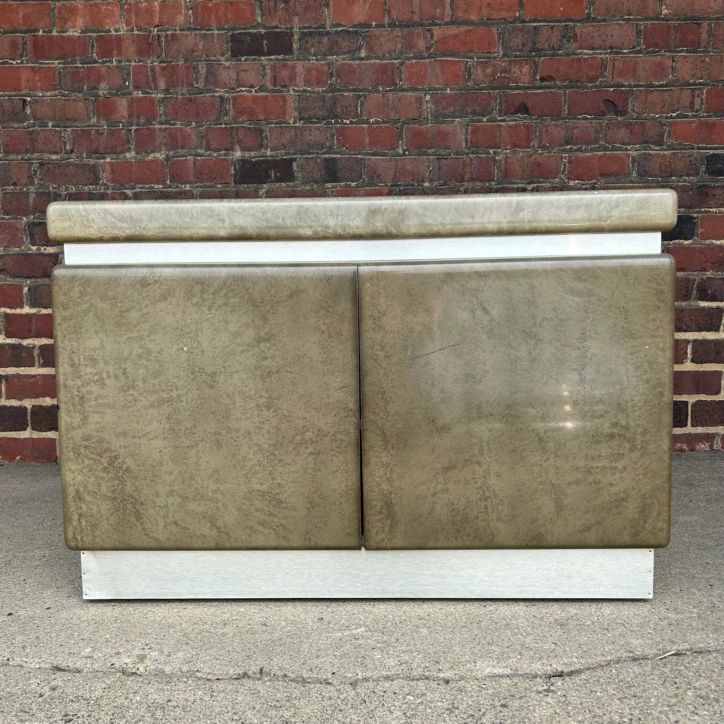Faux Marble and Brushed Stainless Small Credenza Server Cabinet Post Modern 1980’s Karl Springer Style