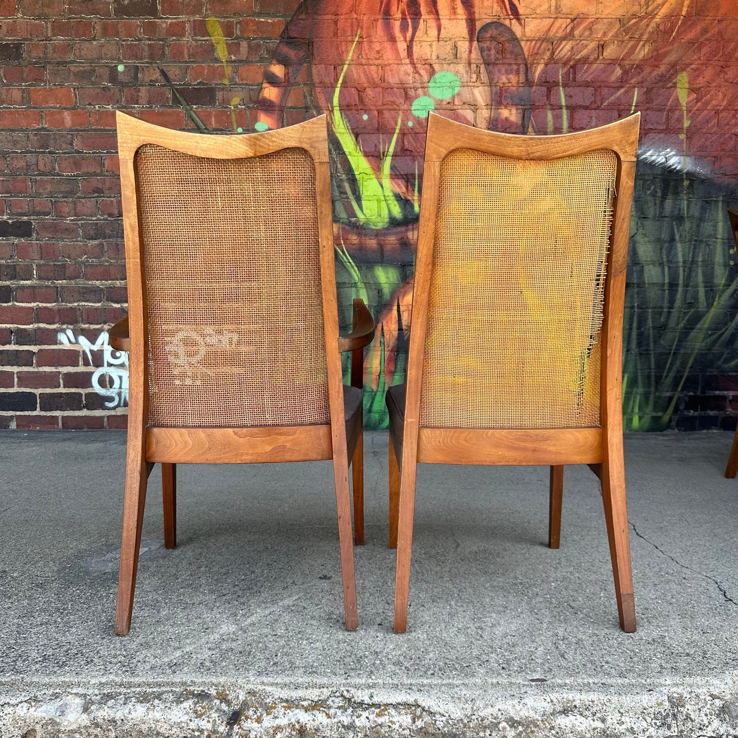 Set of Six John Stuart Walnut and Caned Dining Chairs