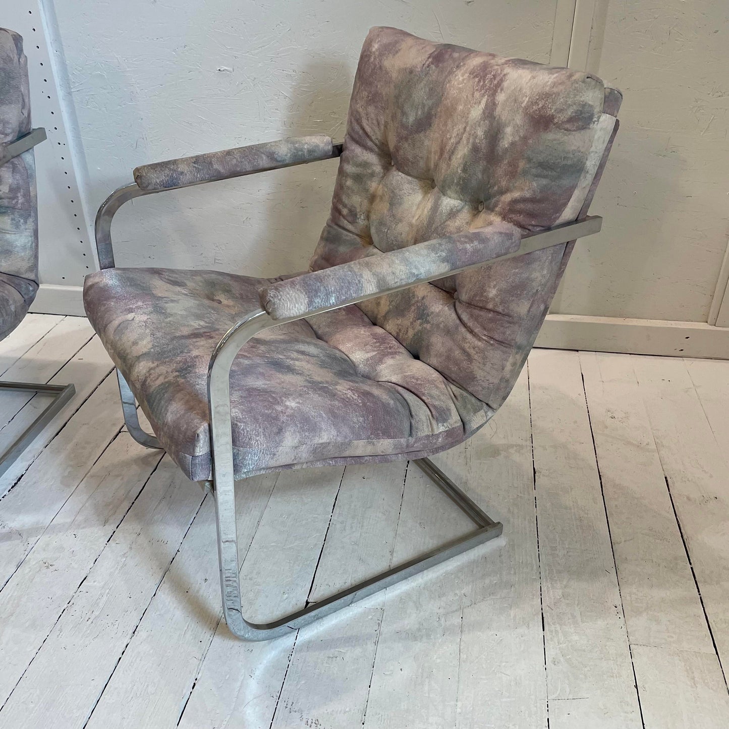 Vintage Milo Baughman Style Chrome Cantilevered Club Chairs - a Pair