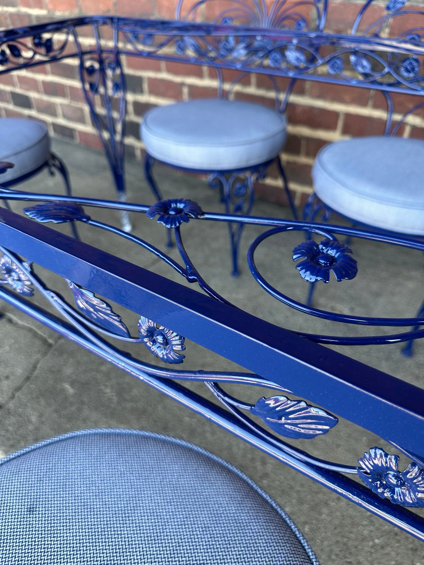 Vintage Whimsical Patio Dining Set 6 Chairs and Table Professionally Powder Coated and Upholstered