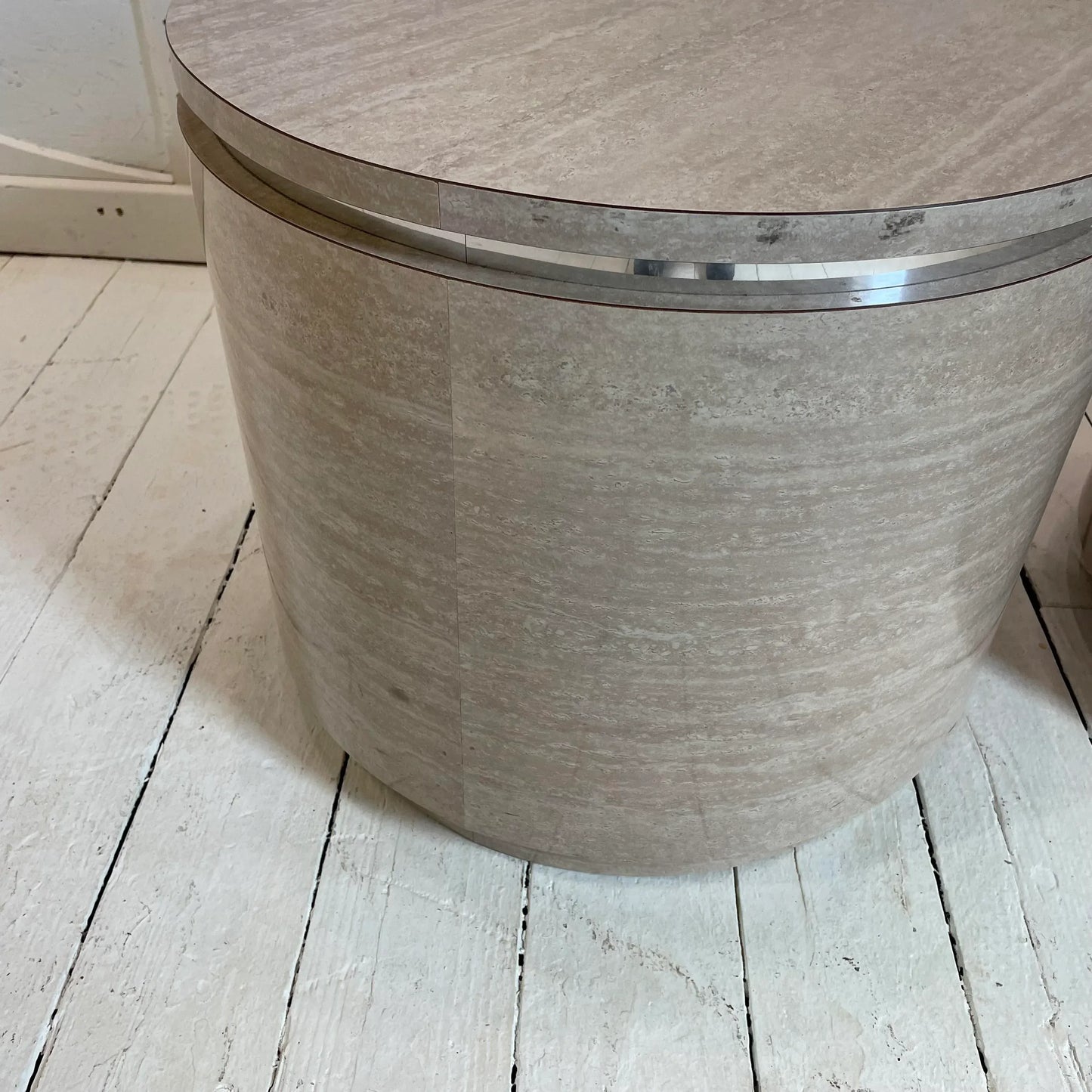 1980s Travertine Laminate Drum Side Tables With Chrome Trim - a Pair