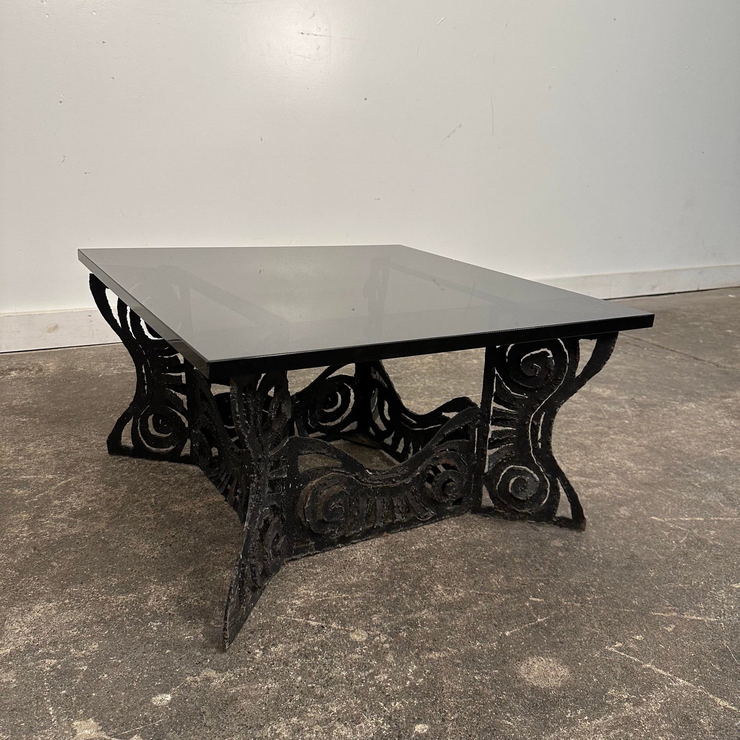 Brutalist Whimsical Torch Cut Side Table Smoked Glass Sculpted Metal