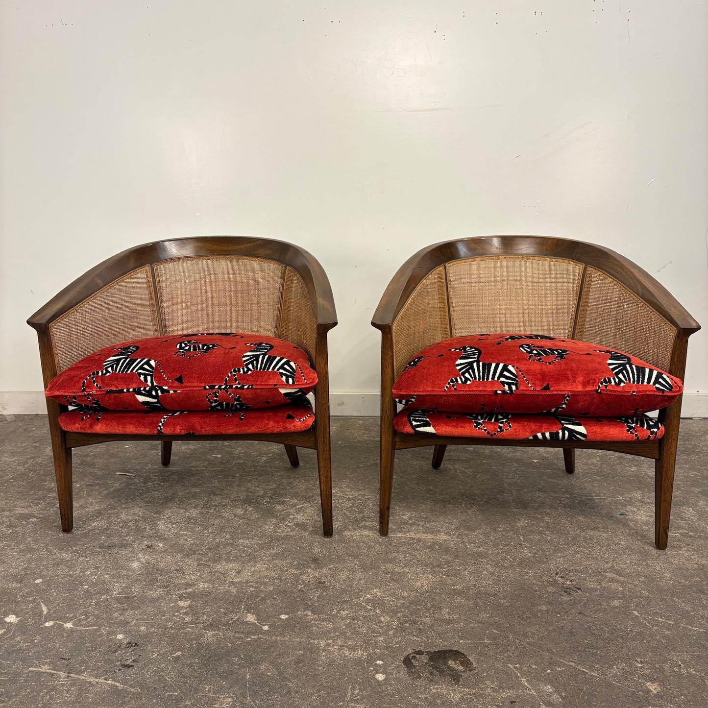 Pair of Mid-Century Caned Back Barrel Club Chairs Attributed to Directional Zebra