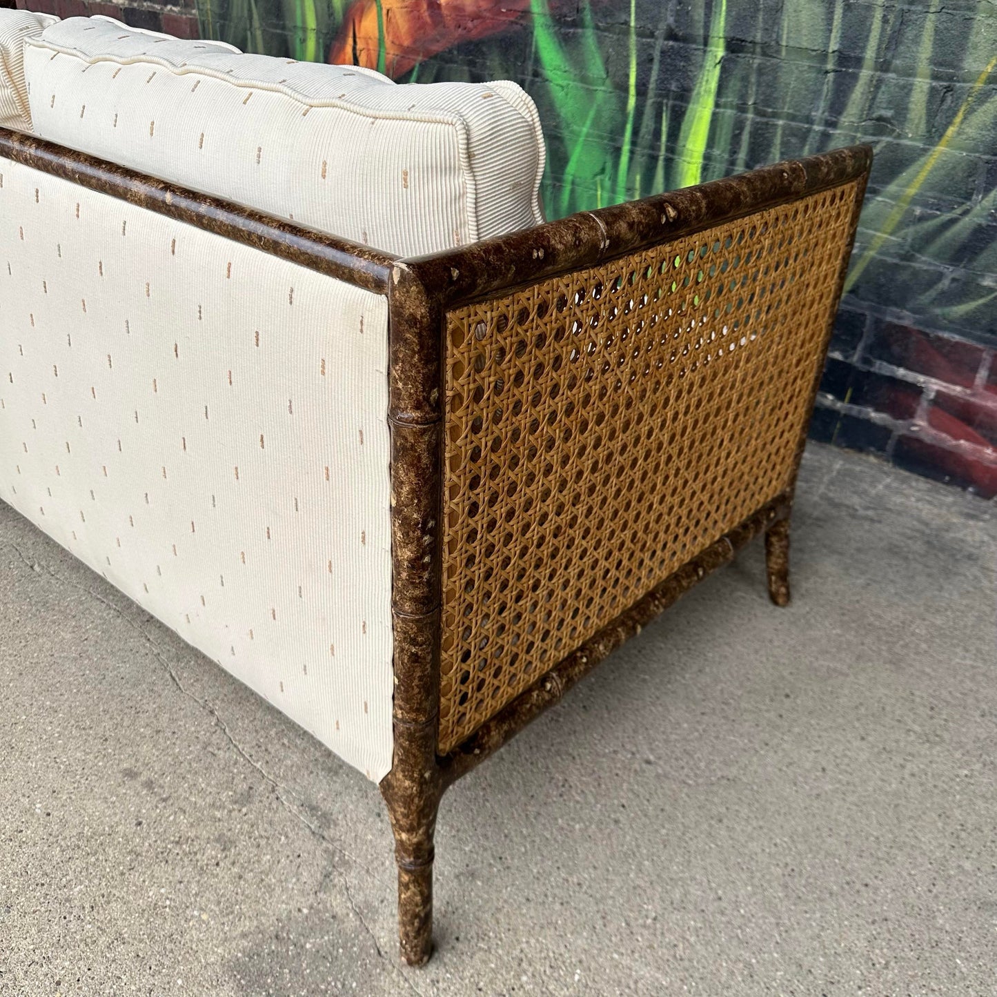 Vintage Faux Bamboo Sofa With Caned Arms in Style of Robsjohn Gibbings Mid-Century Modern