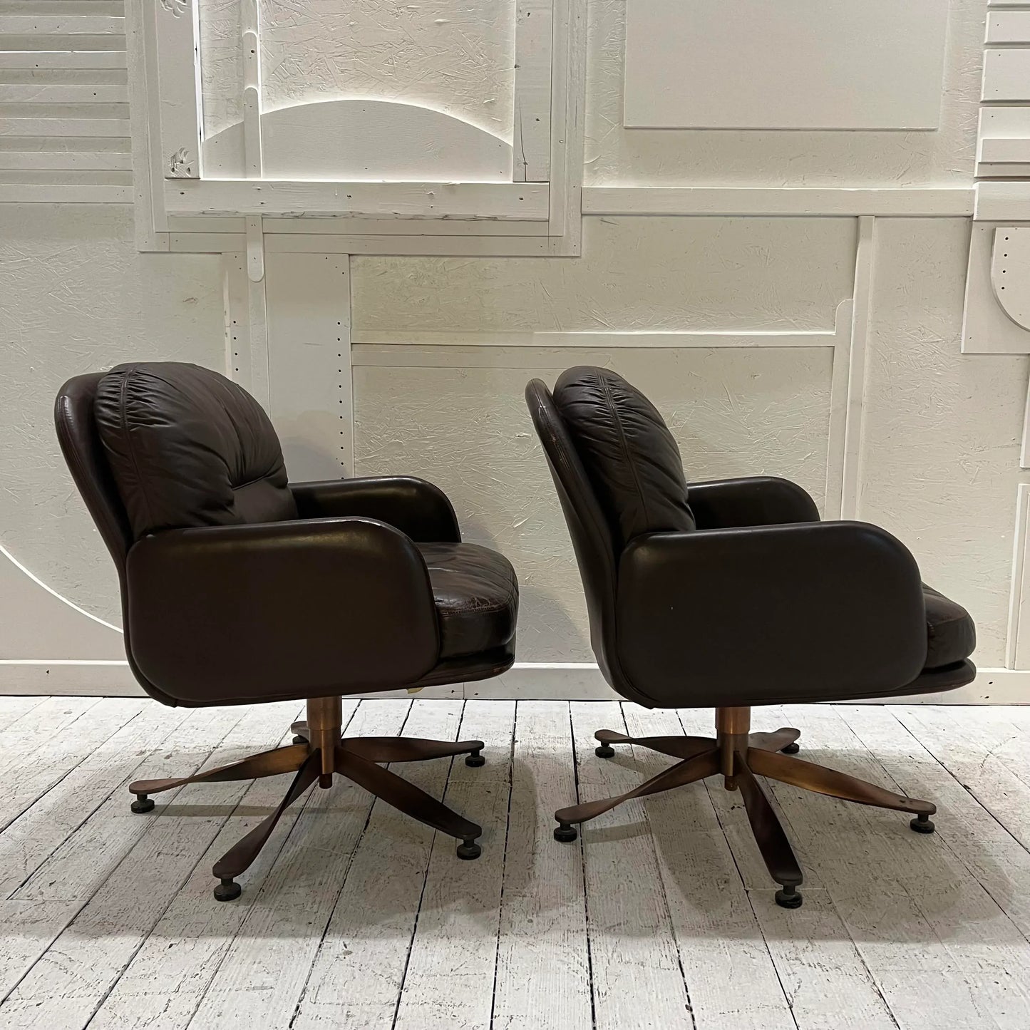 Brown Leather and Brass Propeller Base Arm Chairs by Mueller Furniture