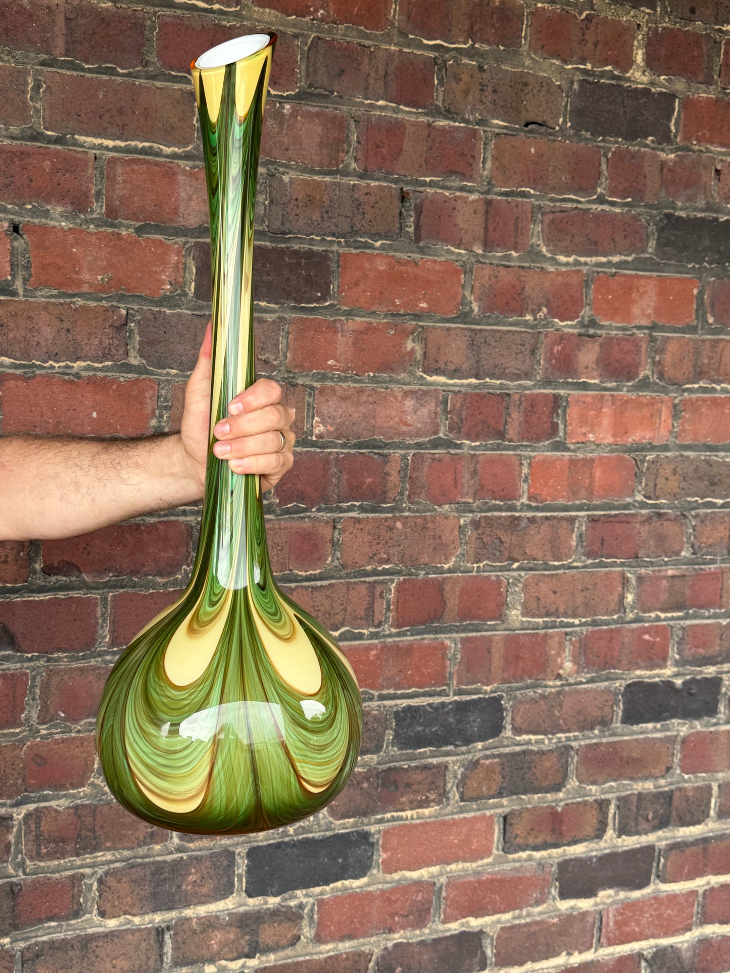 Vintage Tall Green Cream and Brown Swirled Art Glass Floor Vase 29”