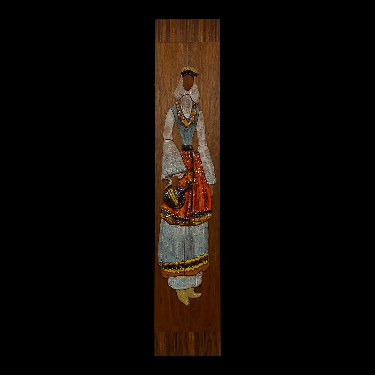 Vintage Ceramic Wall Art of Woman on Walnut and Rosewood Board Mid Century Style of Harris Strong