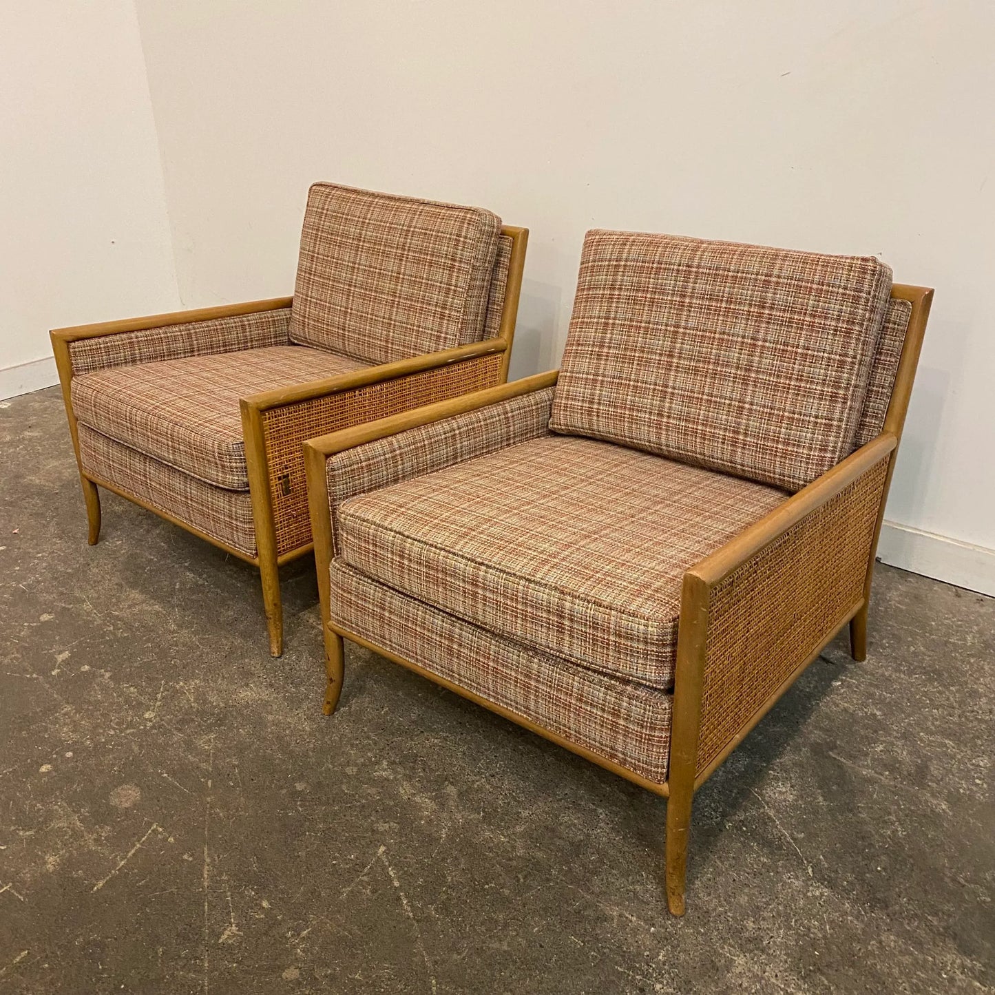 Vintage Pair of TH Robsjohn-Gibbings Cane-Sided Club Chairs Midcentury Modern