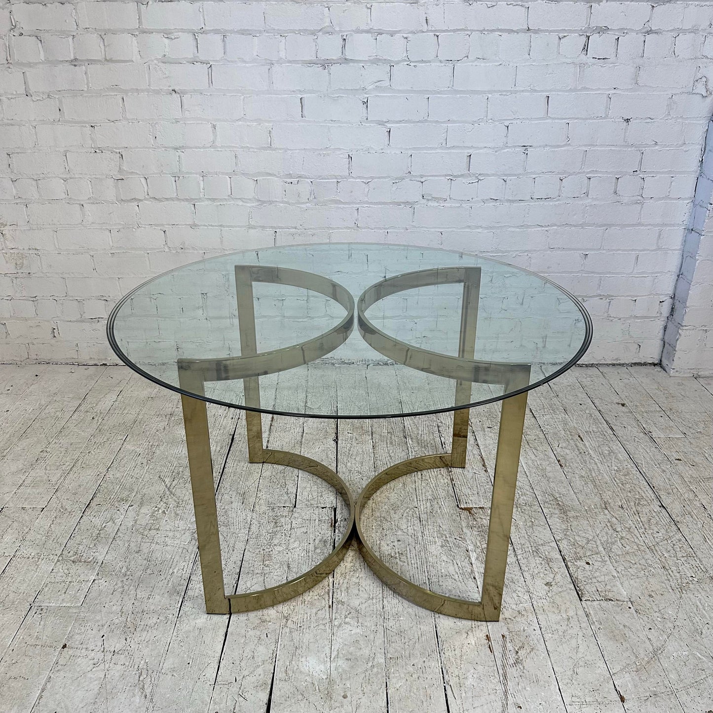 Glass and Brass Dining Set With Four Chairs Knoll Style Flat Bar Milo Baughman