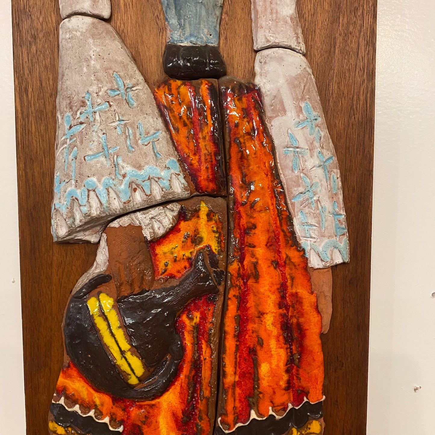 Vintage Ceramic Wall Art of Woman on Walnut and Rosewood Board Mid Century Style of Harris Strong