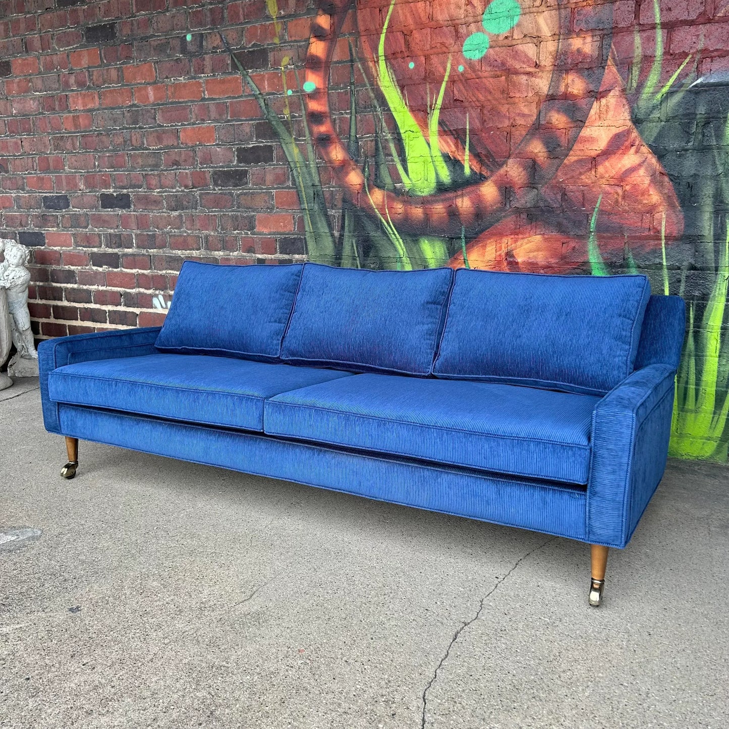 Mid Century Modern Sofa Reupholstered Blue Corduroy on Casters Possibly Selig