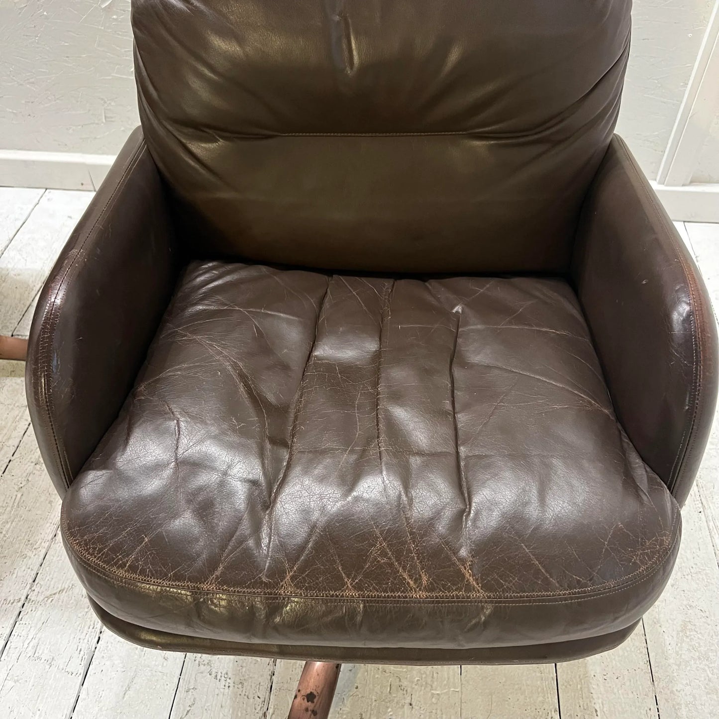Brown Leather and Brass Propeller Base Arm Chairs by Mueller Furniture