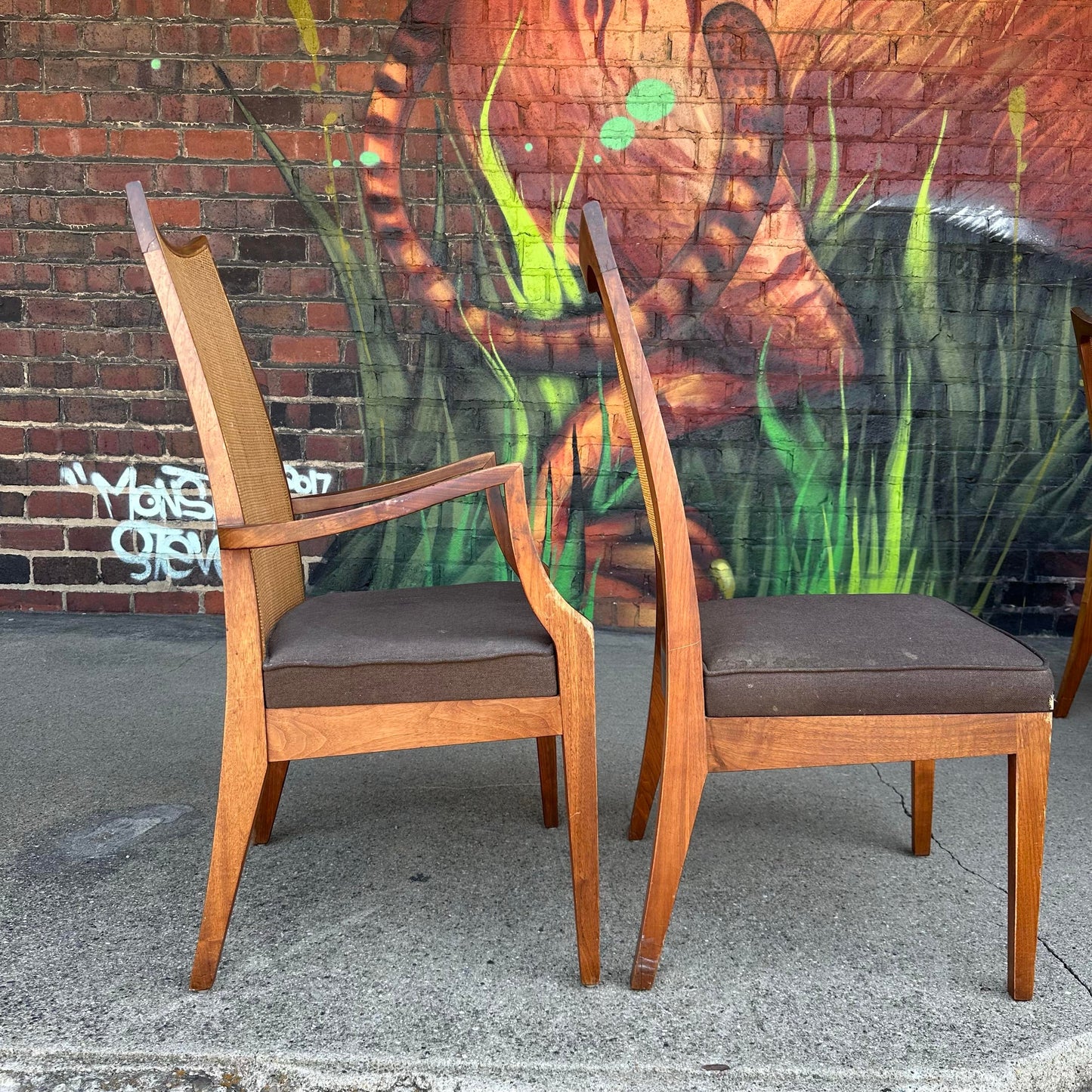 Set of Six John Stuart Walnut and Caned Dining Chairs