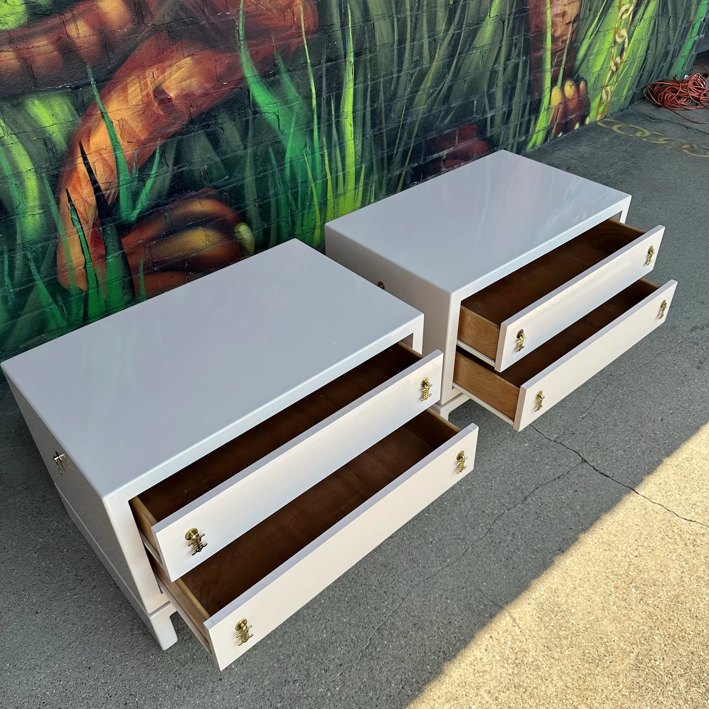 Pair of Light Pink Lacquered Nightstands Brass Hardware Western Furniture Company