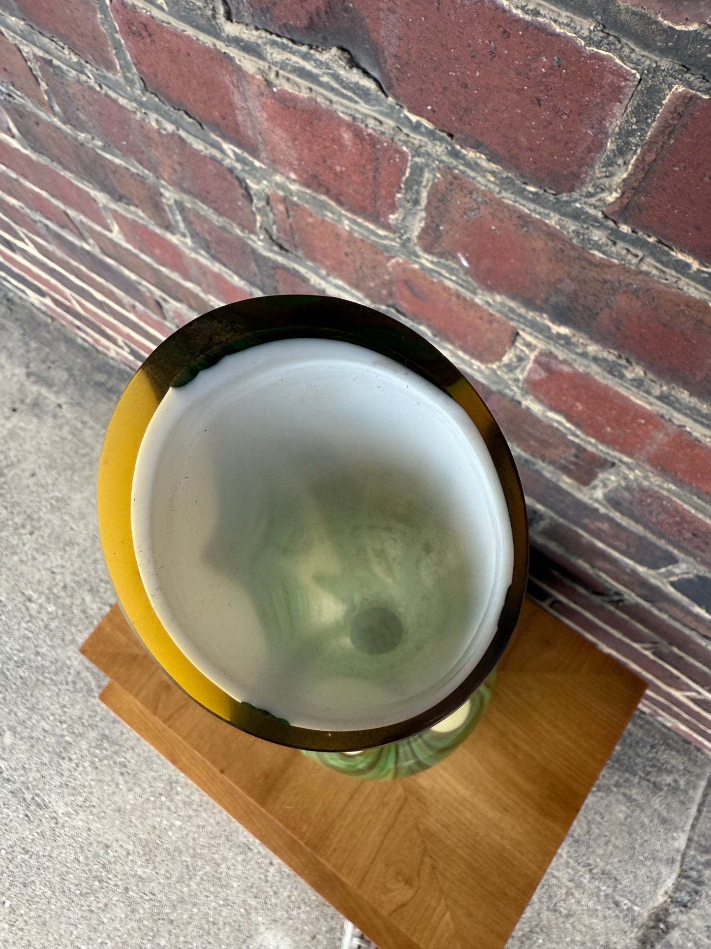 Vintage Tall Green Cream and Brown Swirled Art Glass Floor Vase 29”