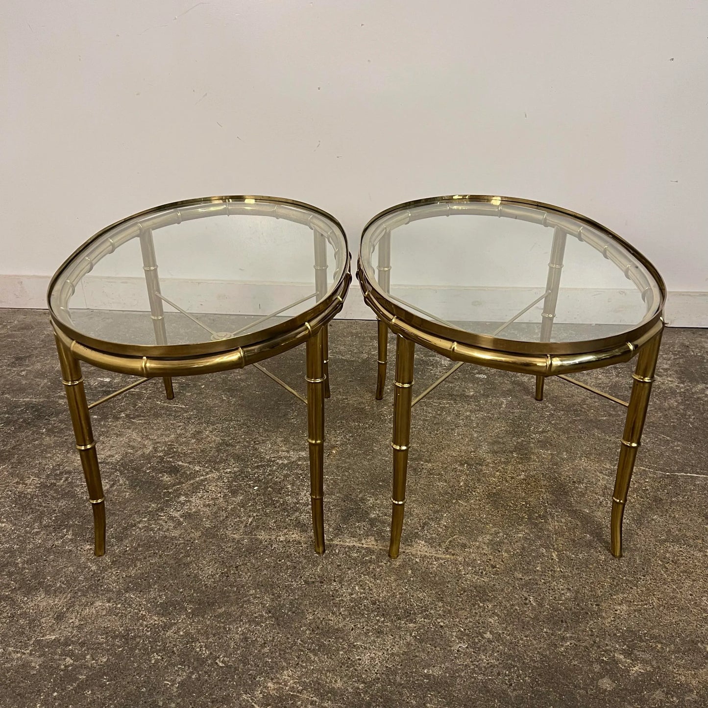 Pair of Faux Bamboo Brass Glass Oval Mastercraft End Tables