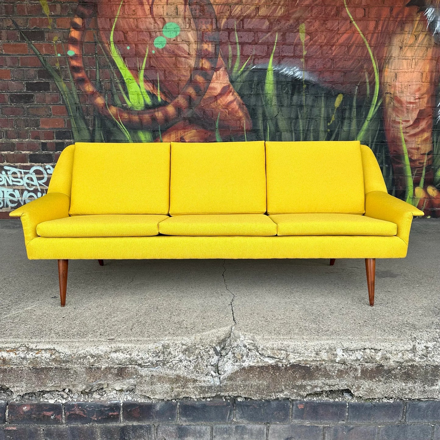 Reupholstered and Refinished Yellow Dux Sofa