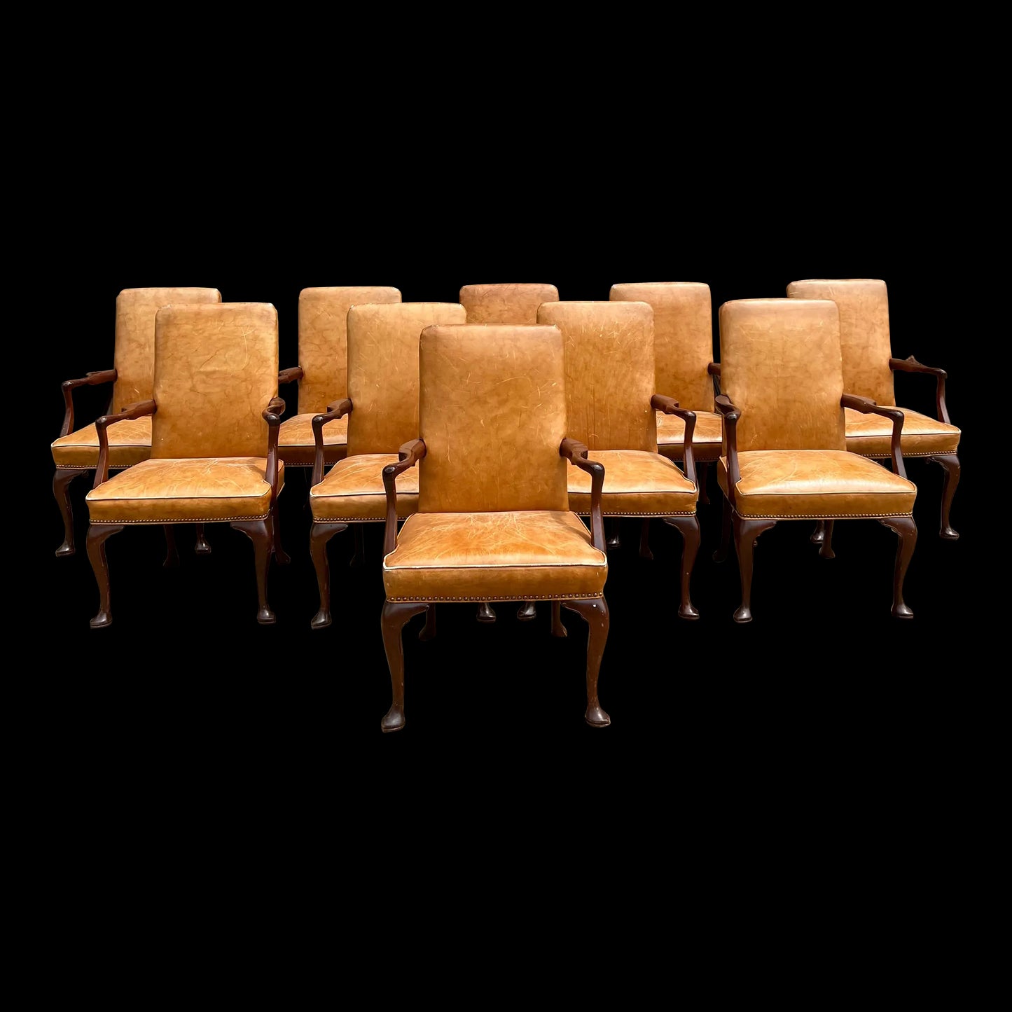 10 Antique Leather and Wood Arm Chairs Dining Conference Desk