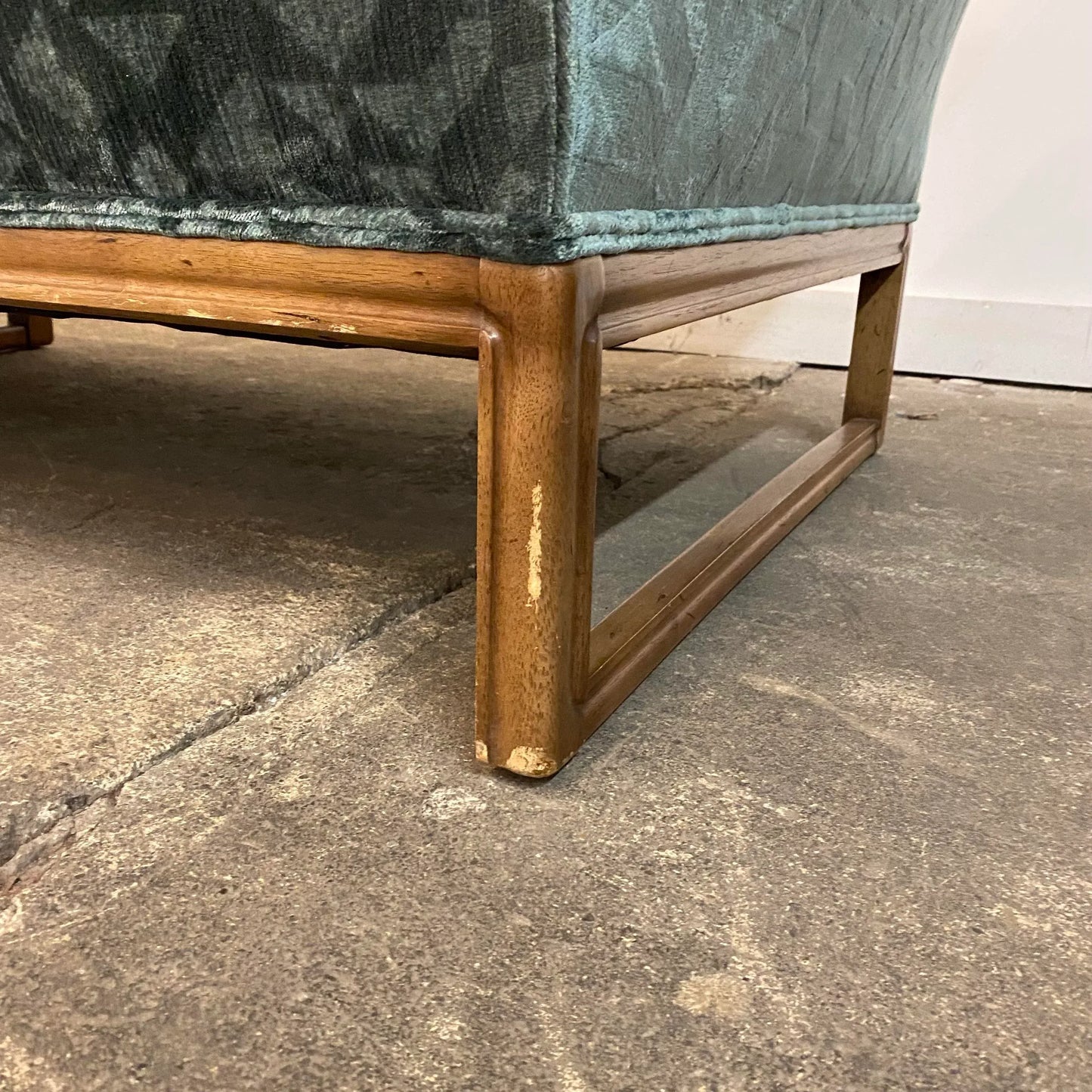 Reupholstered Mid Century Modern Sofa Done in a Geometric Cut Velvet.