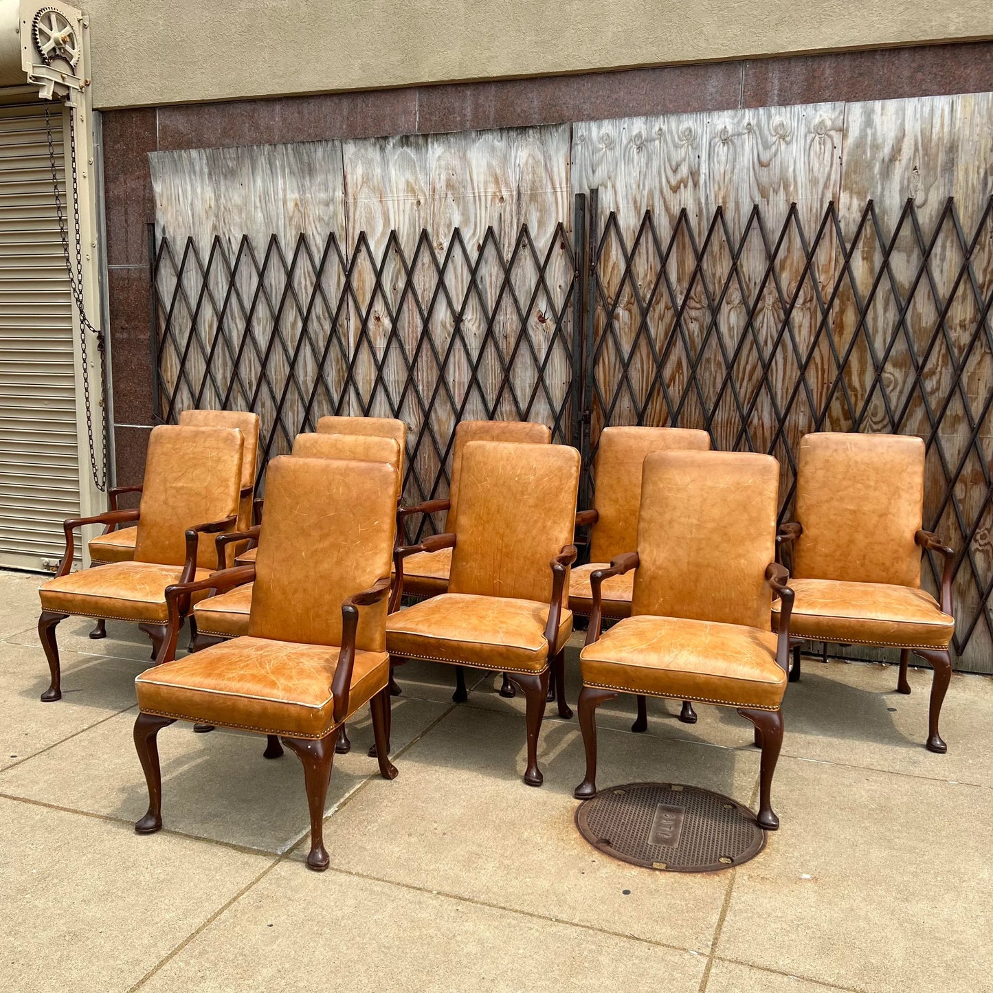 10 Antique Leather and Wood Arm Chairs Dining Conference Desk
