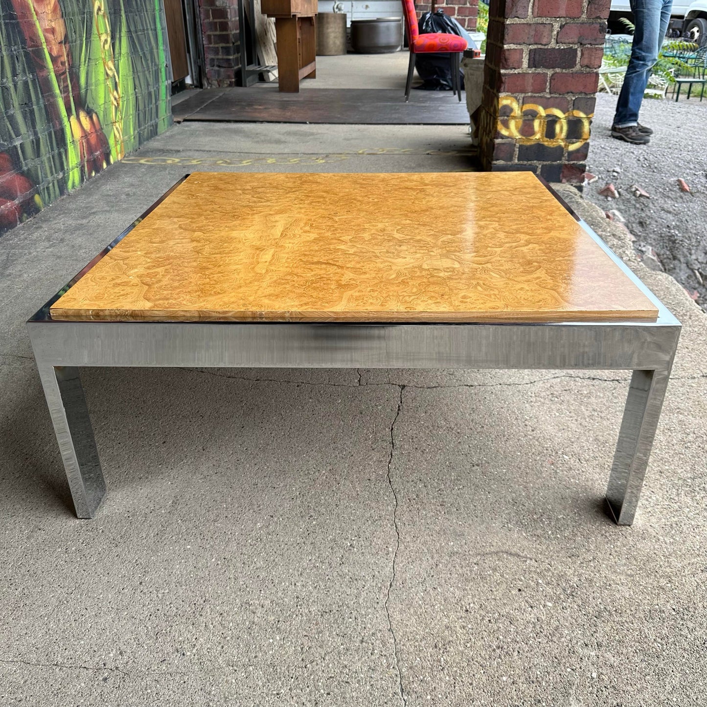Milo Baughman for Thayer Coggin Olive Wood Burl and Chrome Coffee Table