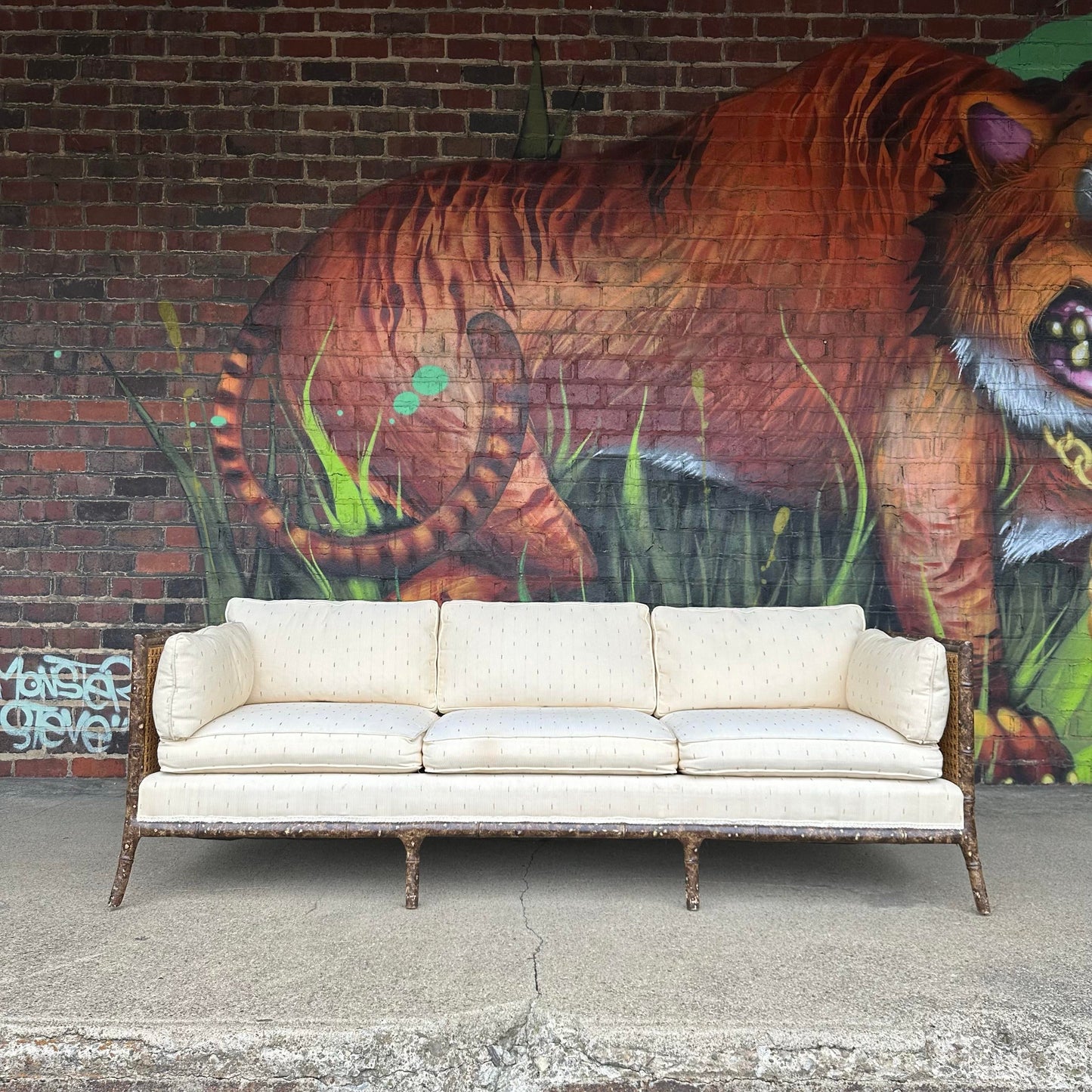 Vintage Faux Bamboo Sofa With Caned Arms in Style of Robsjohn Gibbings Mid-Century Modern