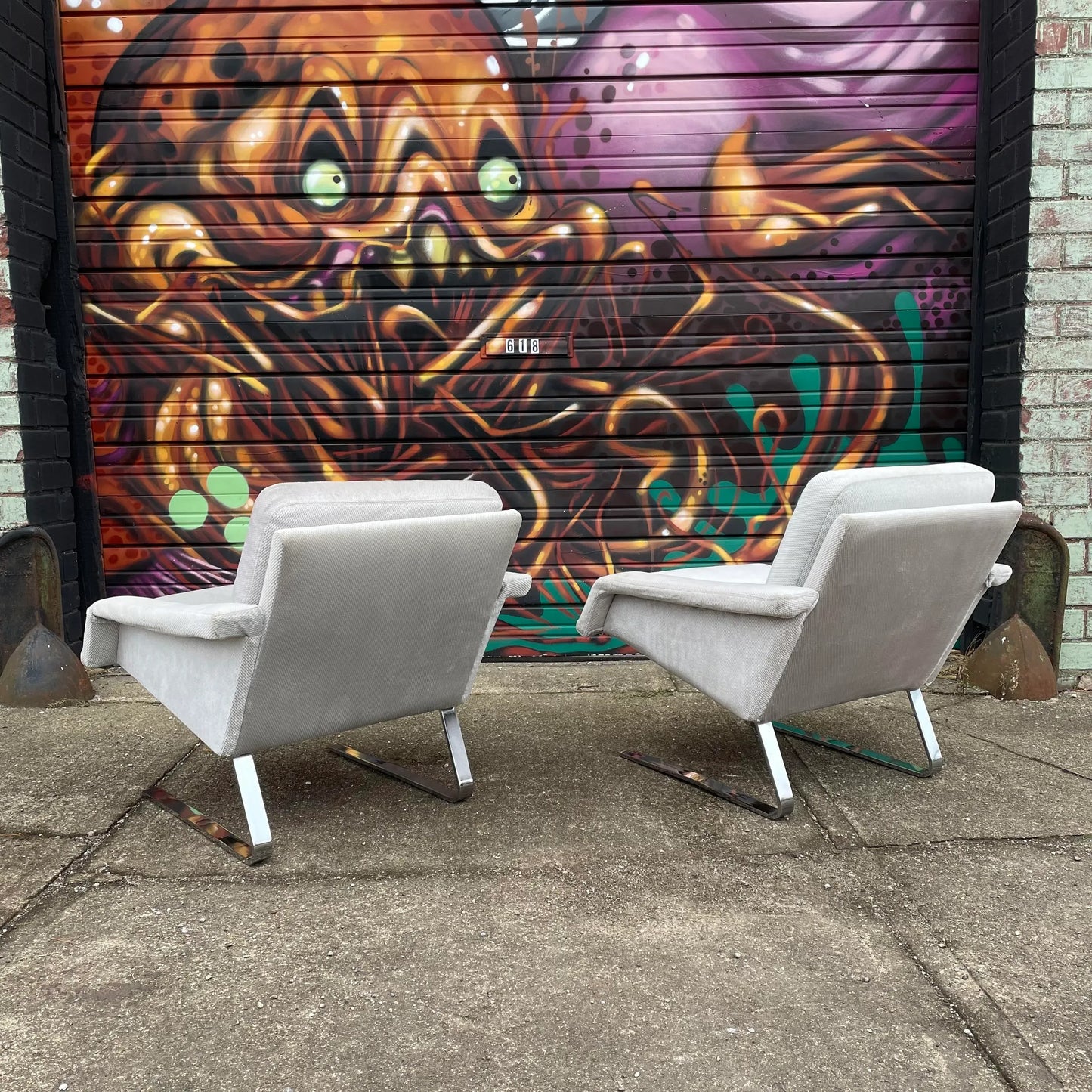 Pair of 1980’s Chrome Base Lounge Chairs Cantilevered