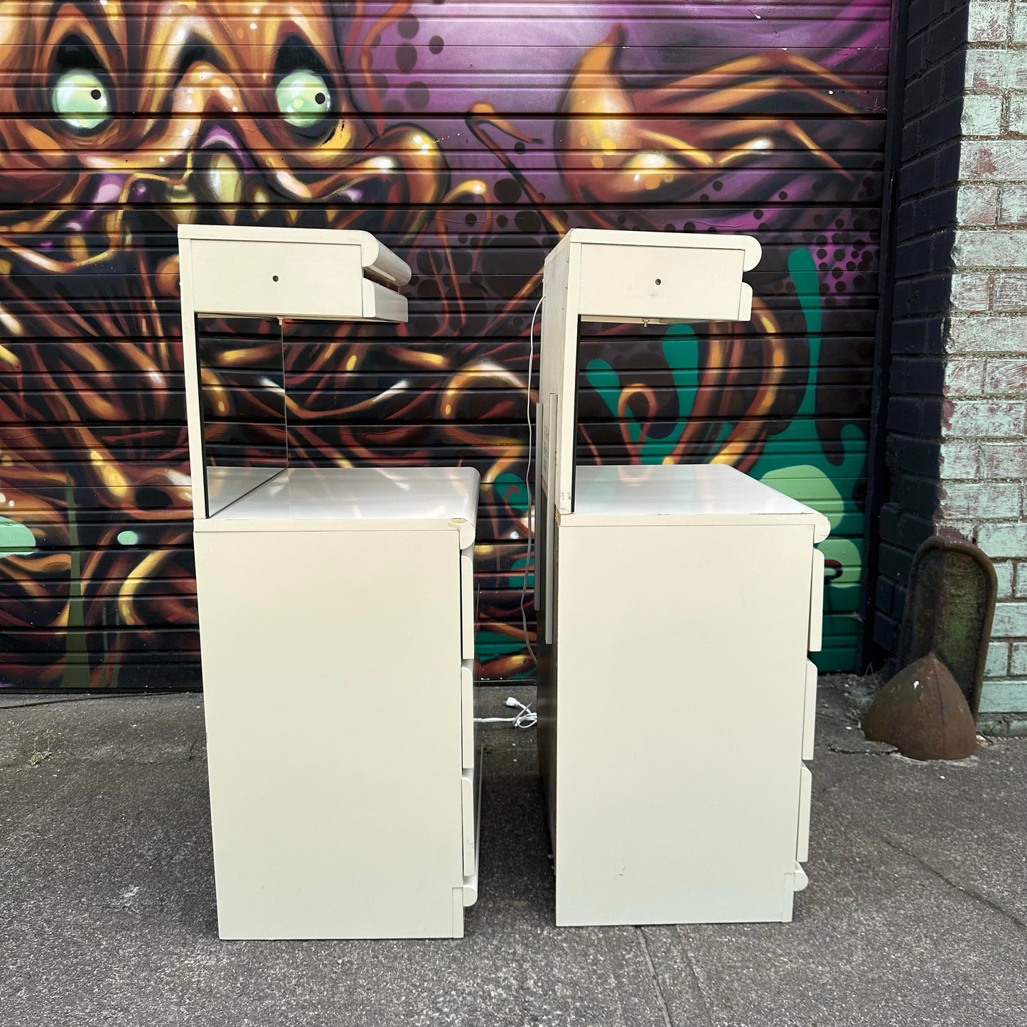 Pair of Broyhill Postmodern Lacquer Cream & Gold Nightstands
