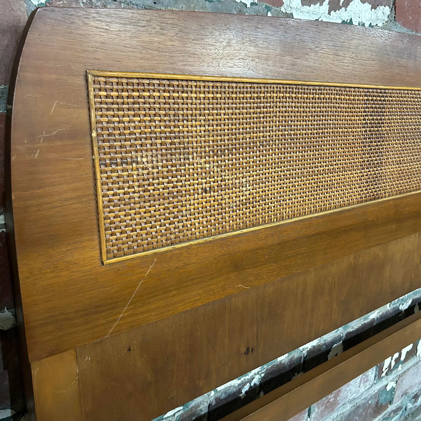 Mid Century Modern Wood and Cane Full Size Headboard