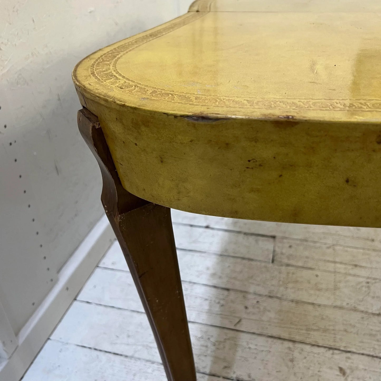 European Yellow Leather Wrapped Dining Table with Gold Trim