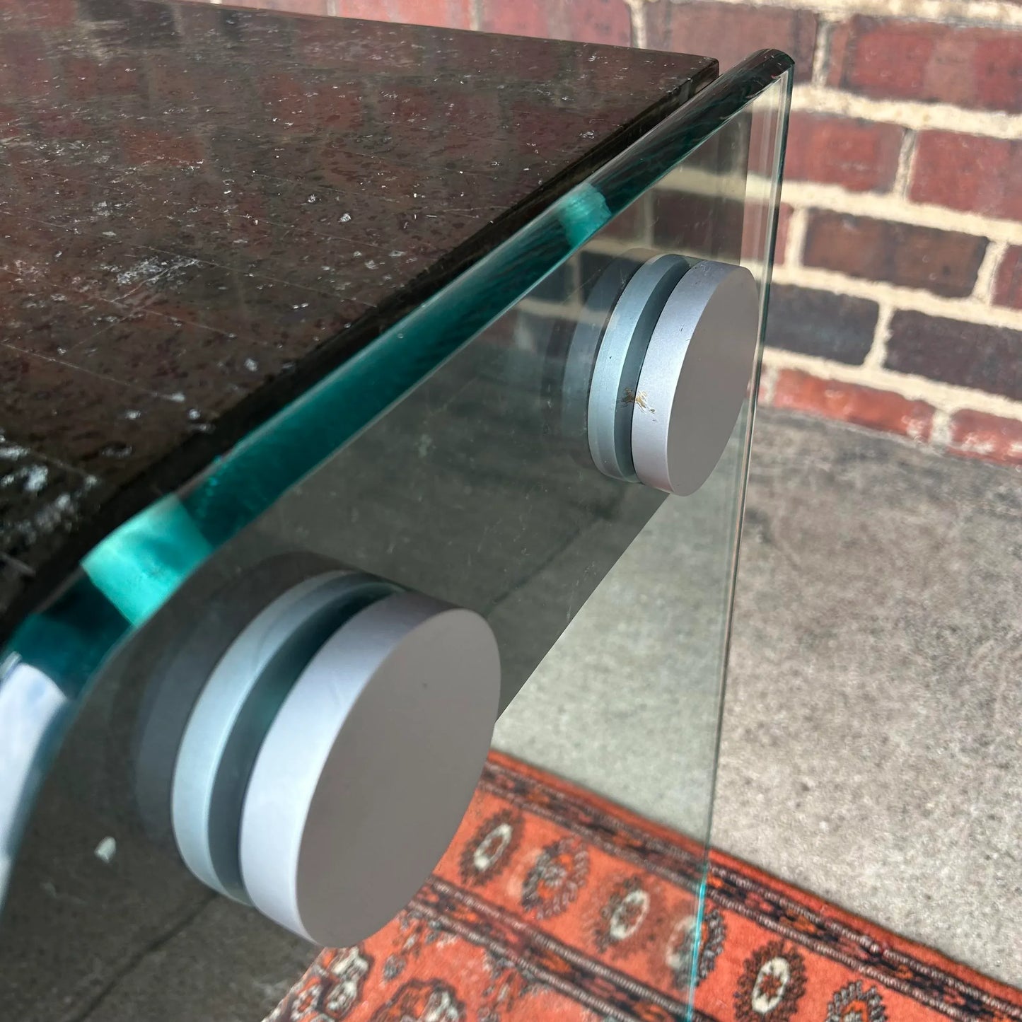 Post Modern Tessellated Marble Console Table With Glass Legs