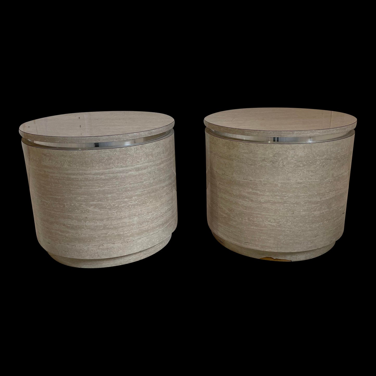 1980s Travertine Laminate Drum Side Tables With Chrome Trim - a Pair