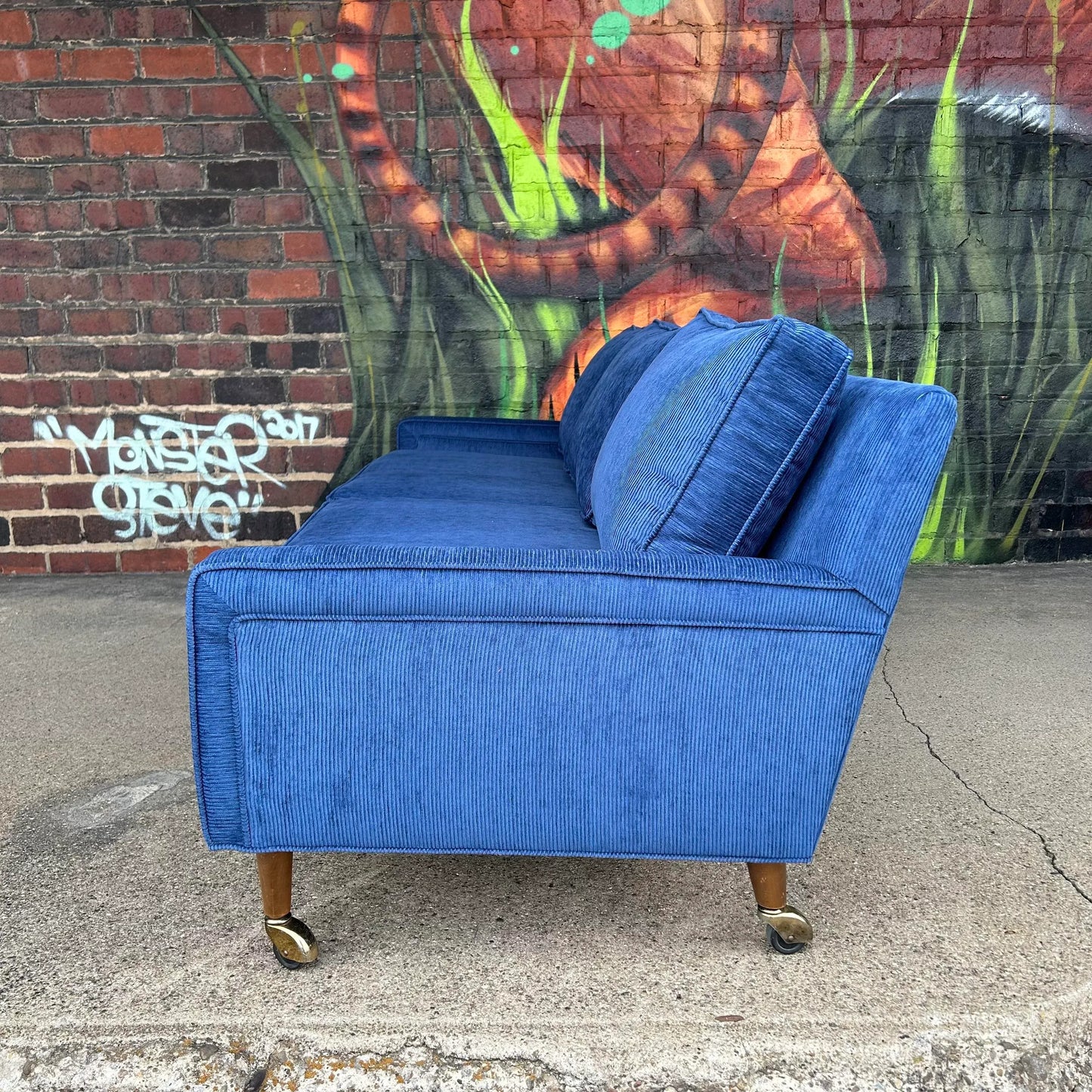 Mid Century Modern Sofa Reupholstered Blue Corduroy on Casters Possibly Selig