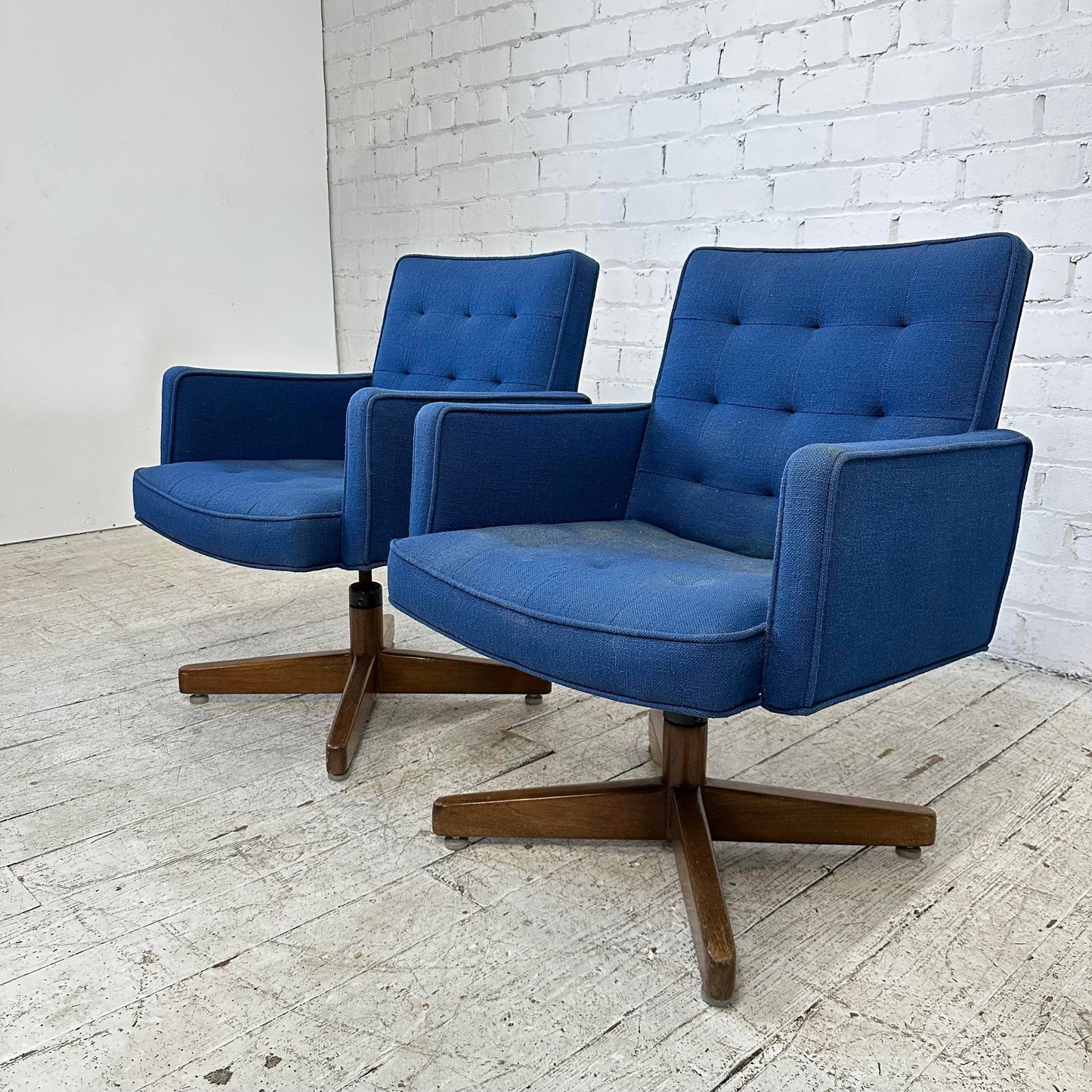 Pair of Blue Swivel Office Arm Chairs by Hibert Risom Knoll Style