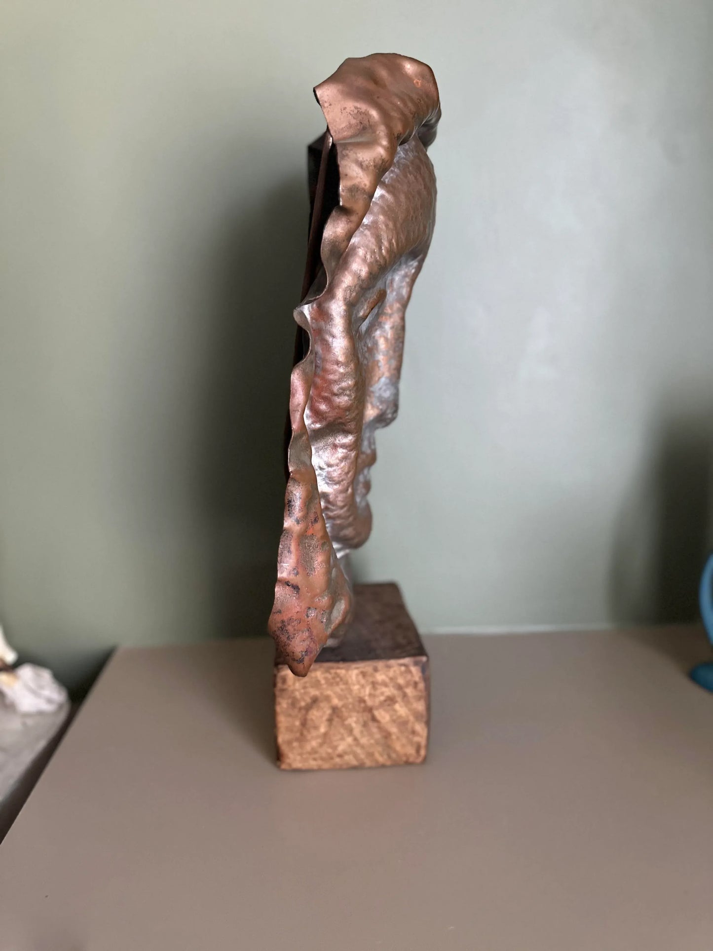 Waylande Gregory Large Hammered Copper Face Sculpture Bust on Wood Block.